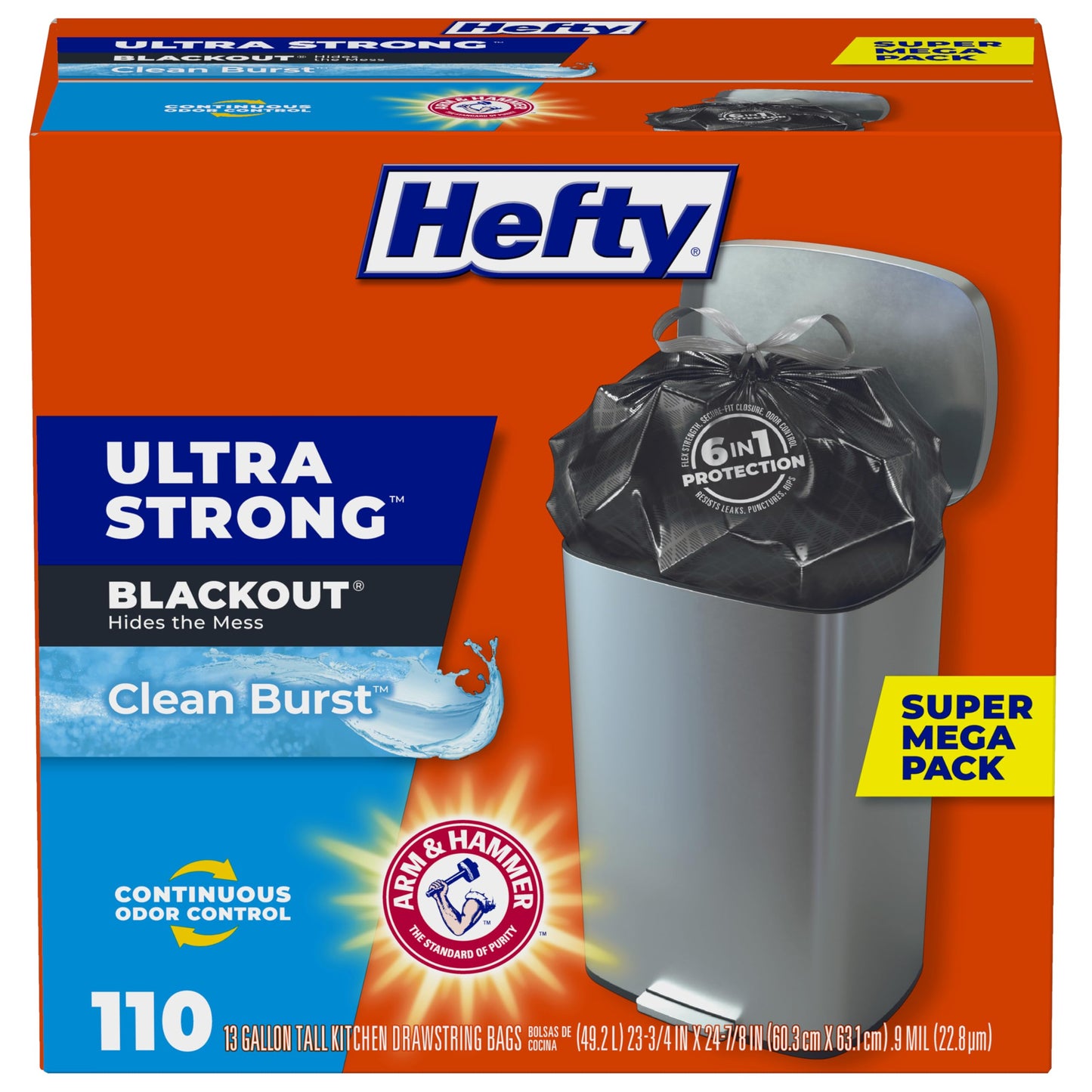 Hefty Ultra Strong Trash Bags, Black Tall Kitchen Trash Bags 13 Gallon Size, Break Resistant Drawstring Enclosure, Continuous Odor Control, Blackout, Clean Burst Scent, 110 Bags