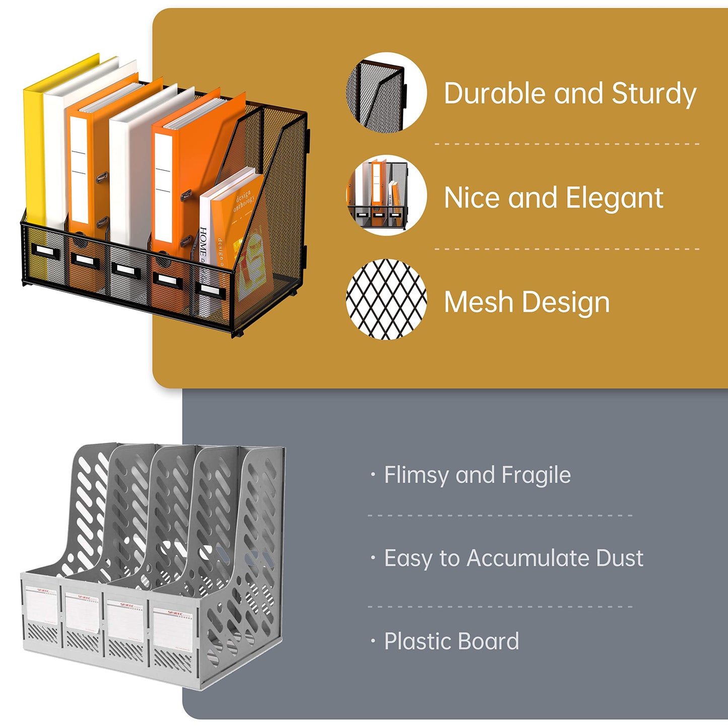 DALTACK Desk Organizers Magazine Binder Folder Holder with 5 Vertical Compartments File Organizer for Office Home School Organization, Metal Mesh, Black, 16.14"L x 9.84"W x 12.6"H