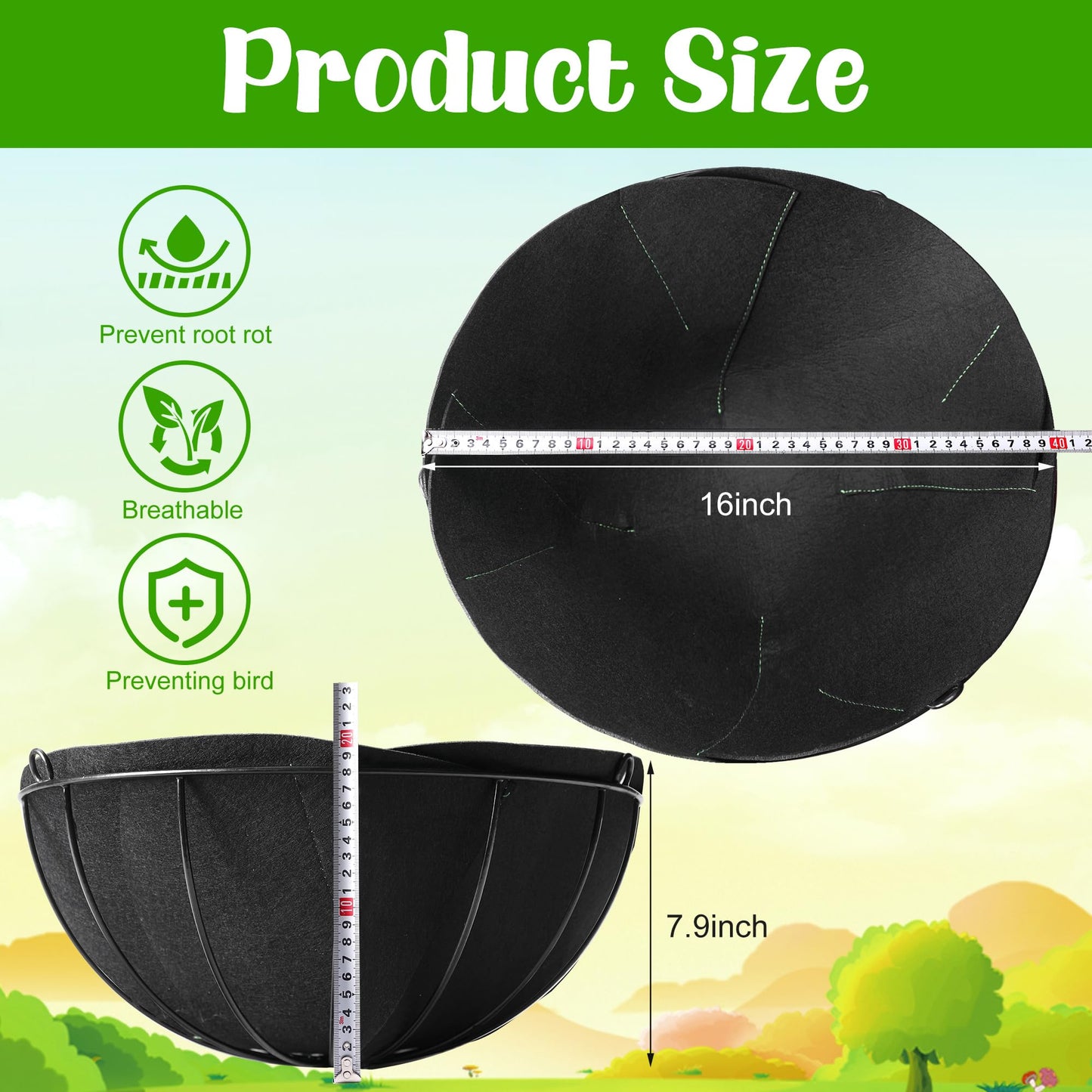 Adnee 16inch Fabric Planter Basket Liner - 6Pcs Felt Flower Pot Liners-Hanging Plant Basket Fiber Insert for Garden Wall Hanging Planter Flower Vegetables(Round/Rectangle)