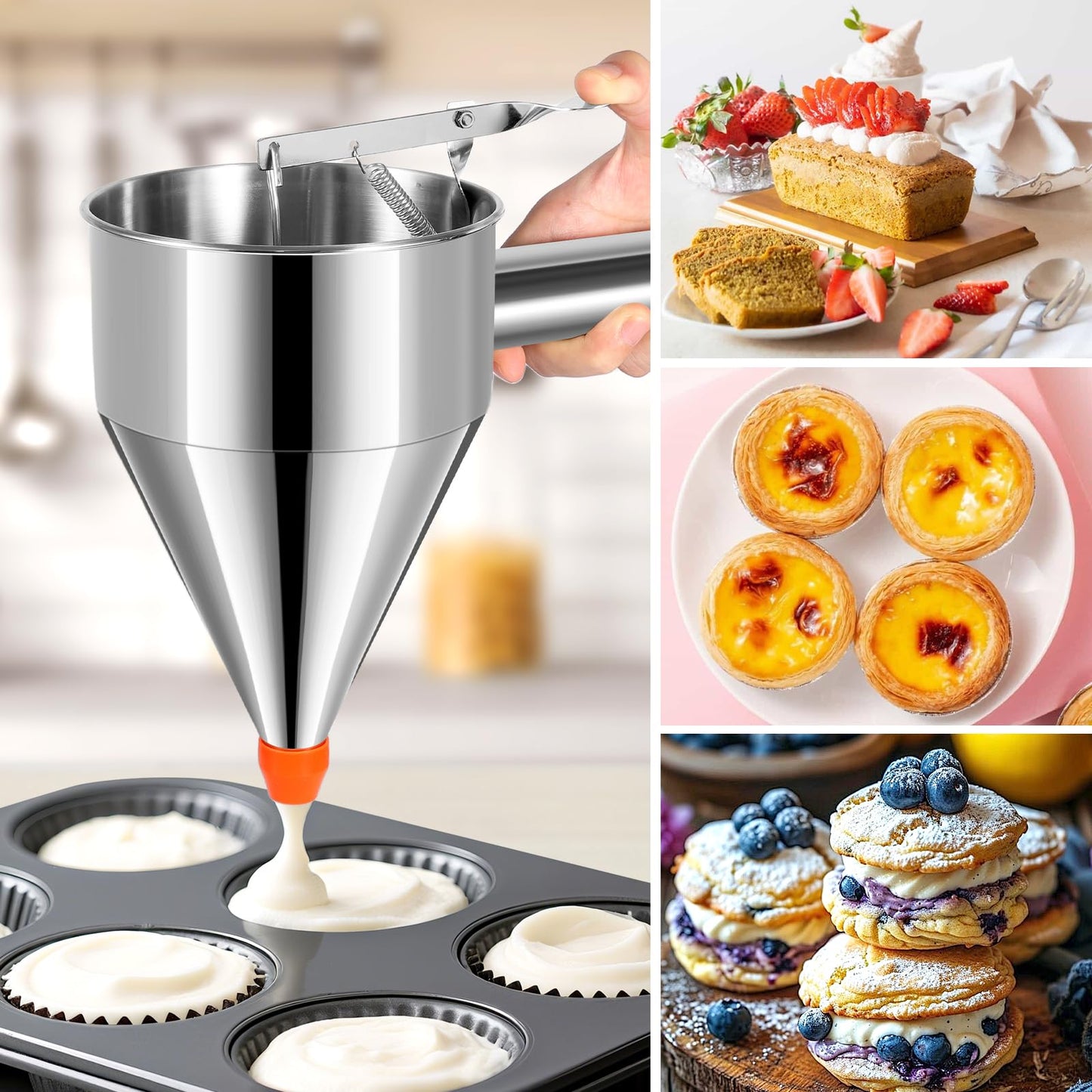 Babcarriery 40 oz Stainless Steel Pancake Batter Dispenser with Squeeze Handle & Nozzle - Leak-Proof, Precise Control, Dishwasher Safe for Pancakes, Waffles, Muffins & More