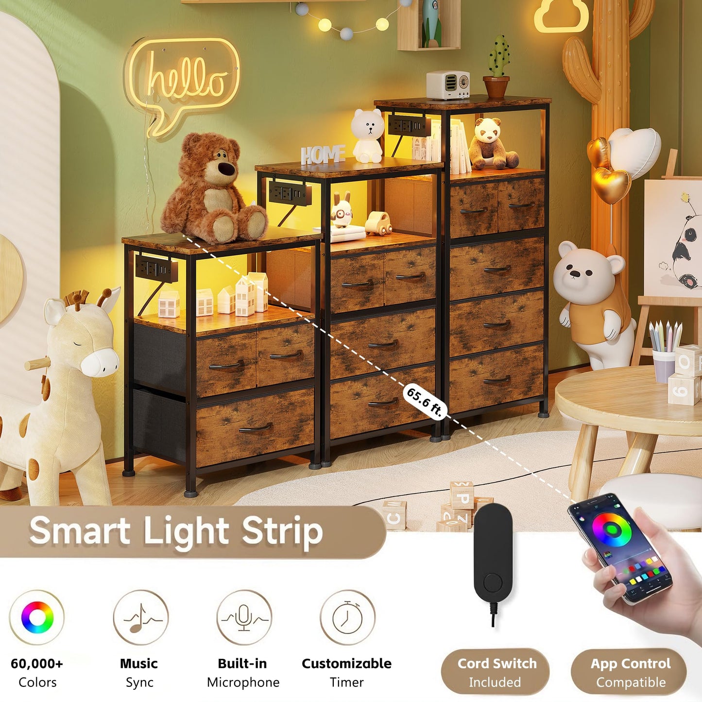 Flrrtenv Dresser for Bedroom, Night Stand with Charging Station, LED Nightstand with 4 Drawers, Tall Commode de Chambre for Bedroom, Bedside Table with Storage Shelf for Living Room, Rustic Brown
