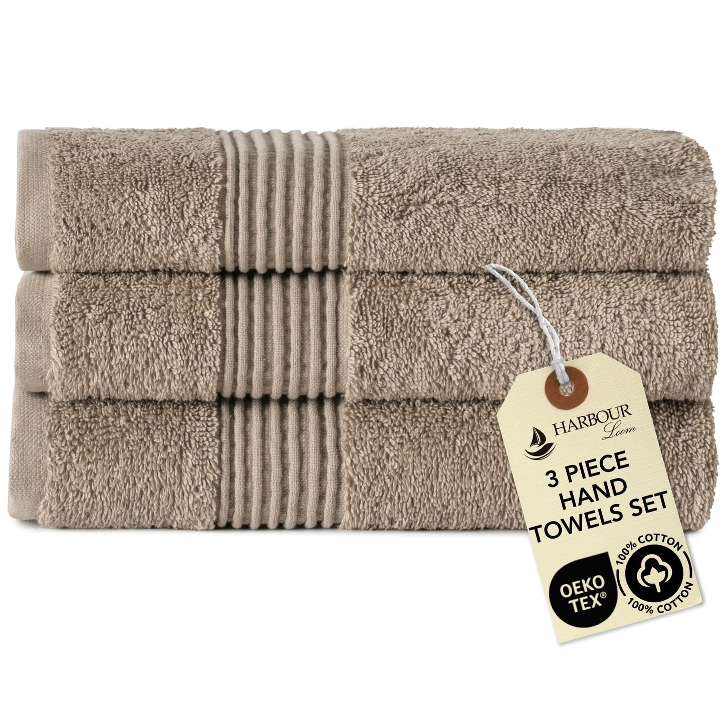 Harbourloom Boulevard Series Luxury Hand Towel Set - 3 Pack of Soft 600 GSM Turkish Cotton Towels for Bathroom, Absorbent Guest Towels, 16x28 Inches Hotel & Spa Quality (Taupe Quartz)