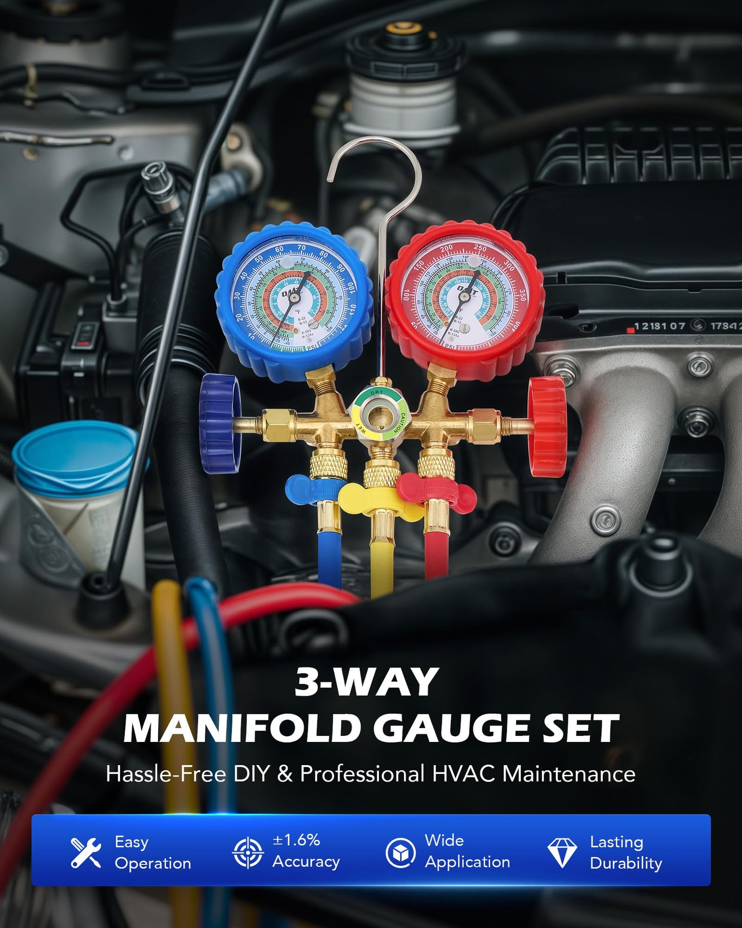 Orion Motor Tech AC Manifold Gauge Set for R12 R22 R502 R134a Refrigerant, 3 Way Automotive AC Gauge Set with Antishock Gauges Hoses Couplers & Adapter, Puncturing Can Tap Freon Recharge Kit for HVAC