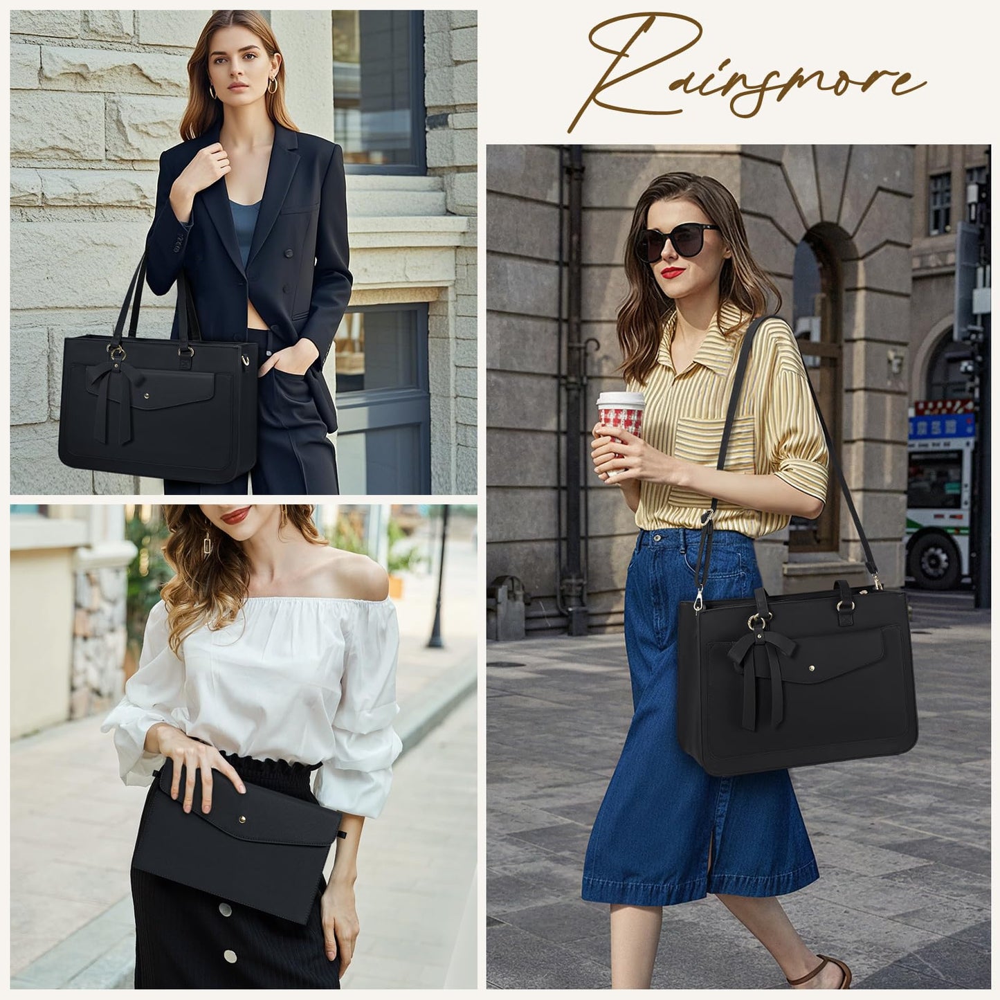RAINSMORE Laptop Bags for Women 15.6 Inch Work Tote Bags Leather Laptop Tote Waterproof Computer Bags Professional Office Business Briefcase Large Handbag for Travel College Teacher, Black
