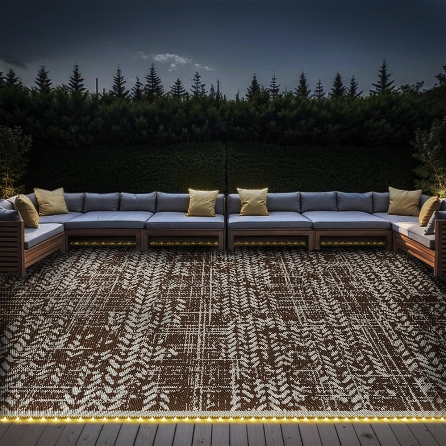 Outdoor Rug 6x9 RV Camping Mat Outdoor Carpet-Patio Camper Backyard Rug with Led Strip Light Reversible Waterproof Picnic Deck Proch Balcony Foldable Rugs Beige & Brown-Abstract