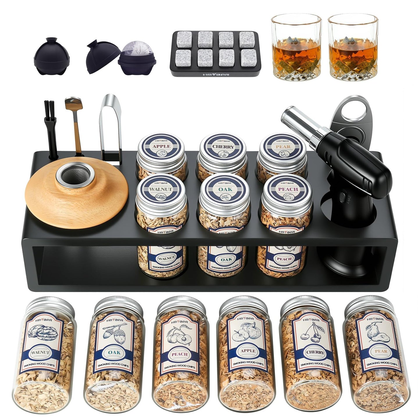 HMYBAR®26pcs Whiskey Smoker Kit with Torch | Cocktail Smoker Infuser Kit | Old Fashioned Drink Smoker Kit | Bourbon Whiskey Gift. Great Gift for Dad, Husband. Bamb Stand Black Color. (No Butane)