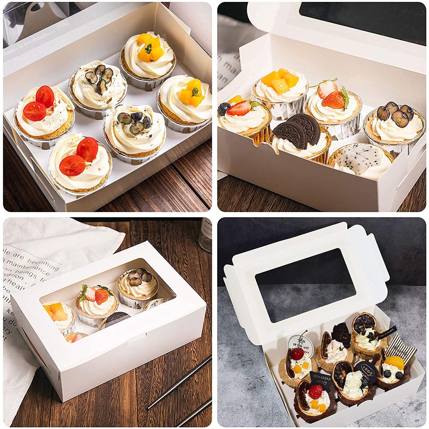 50 Pack Cupcake Boxes 6 Count Muffin Cupcake Box Carrier, White Kraft Bakery Boxes with Windows and Inserts,Take Out Togo Cup cake Container Favor Box