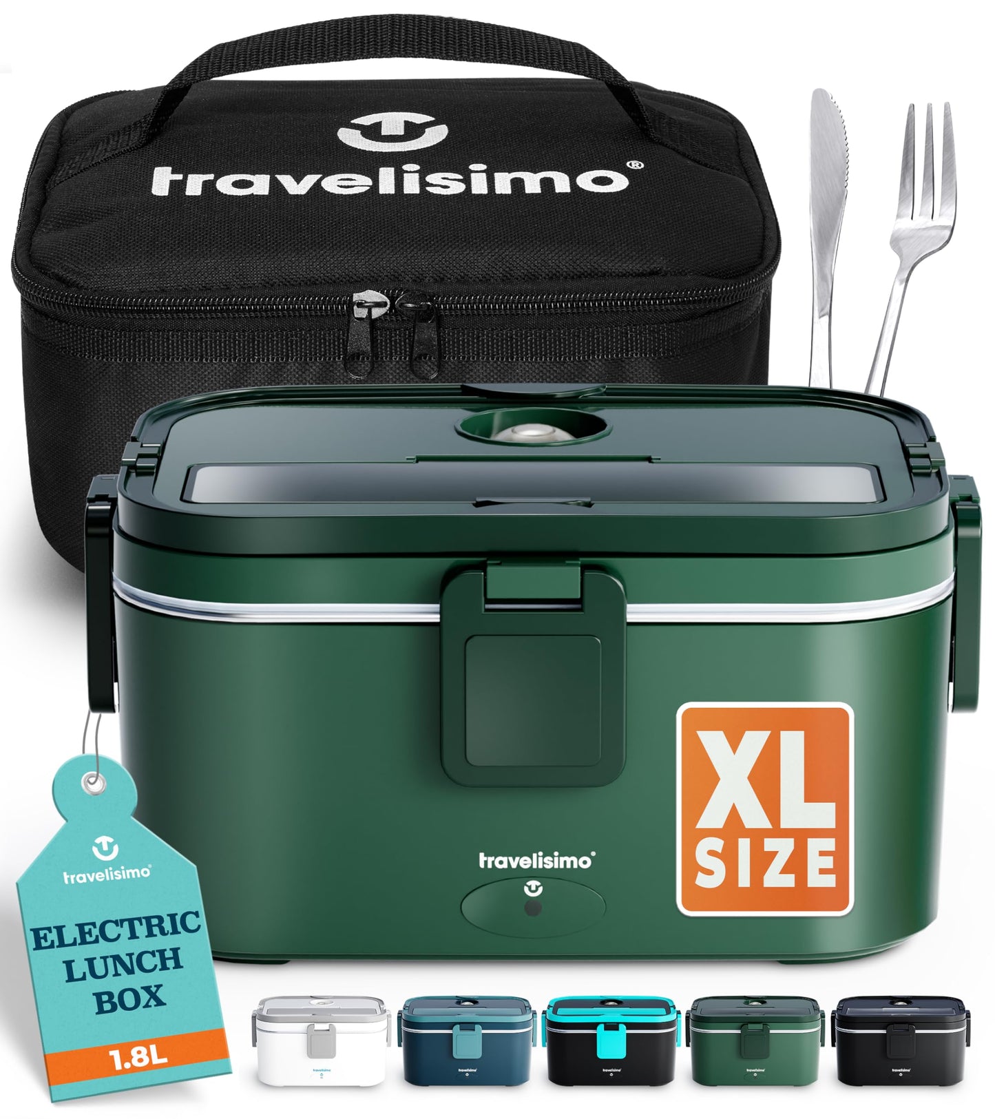 TRAVELISIMO Extra-Large Electric Lunch Box Food Heater 1.8L for Big Meals Heated Lunch Box for Men 100W Stainless Steel Portable Microwave 12V/24V/110V for Car/Truck/Office Portable Food Warmer