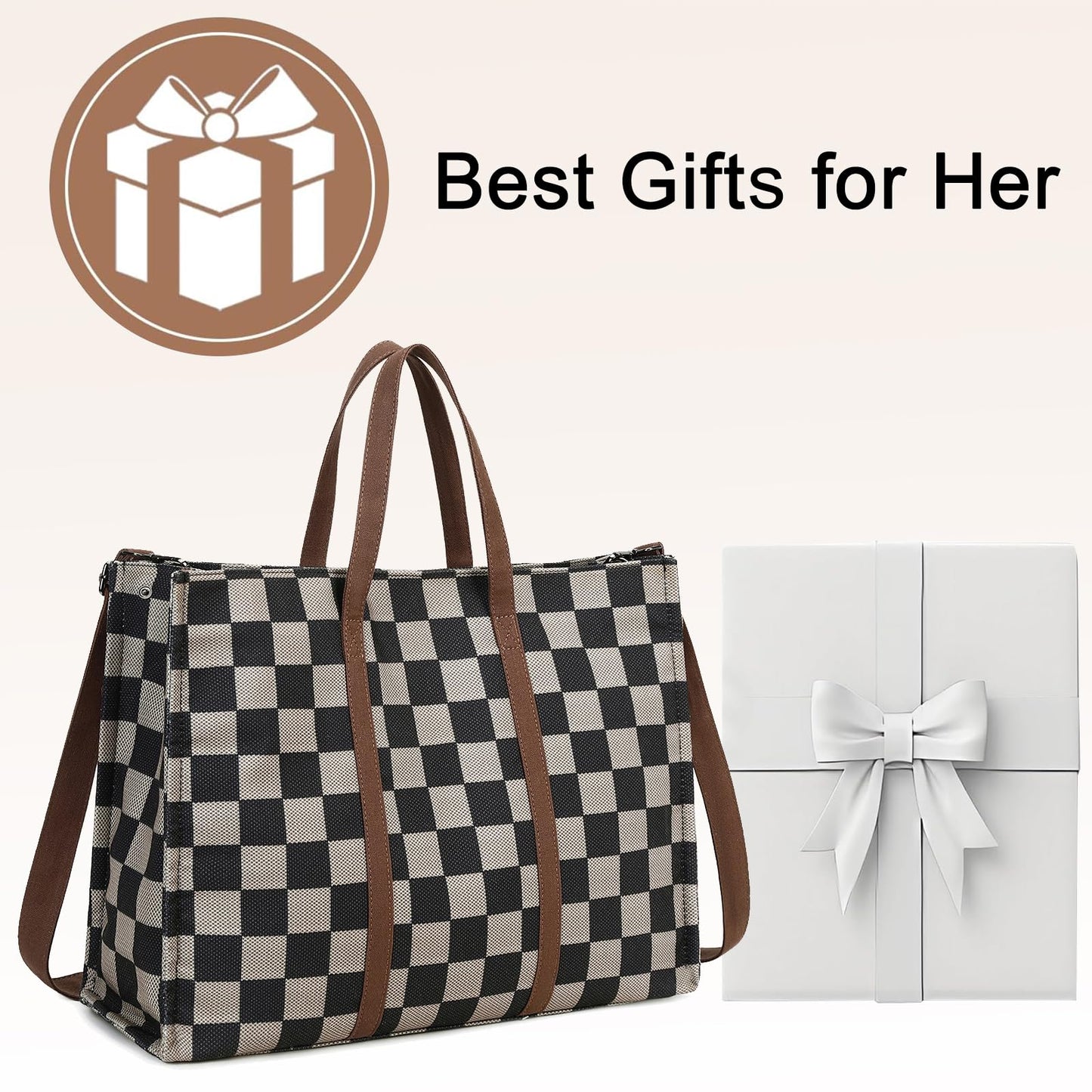 Laptop Tote Bag for Women Work 15.6 inch Canvas Shoulder Bags Computer Messenger Purse Teacher Handbag Office Briefcase, A-khaki-black, Large, Laptop Bag