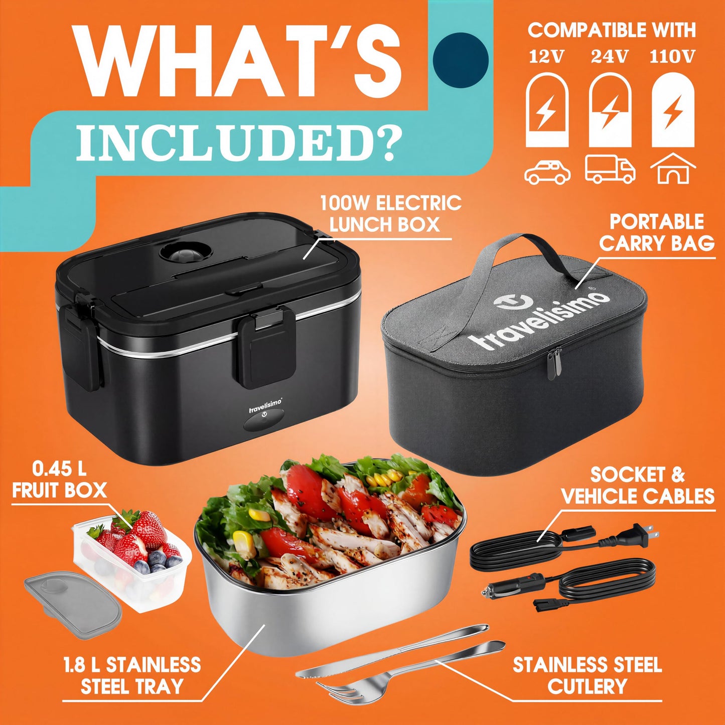 TRAVELISIMO Extra-Large Electric Lunch Box Food Heater 1.8L for Big Meals Heated Lunch Box for Men 100W Stainless Steel Portable Microwave 12V/24V/110V for Car/Truck/Office Portable Food Warmer