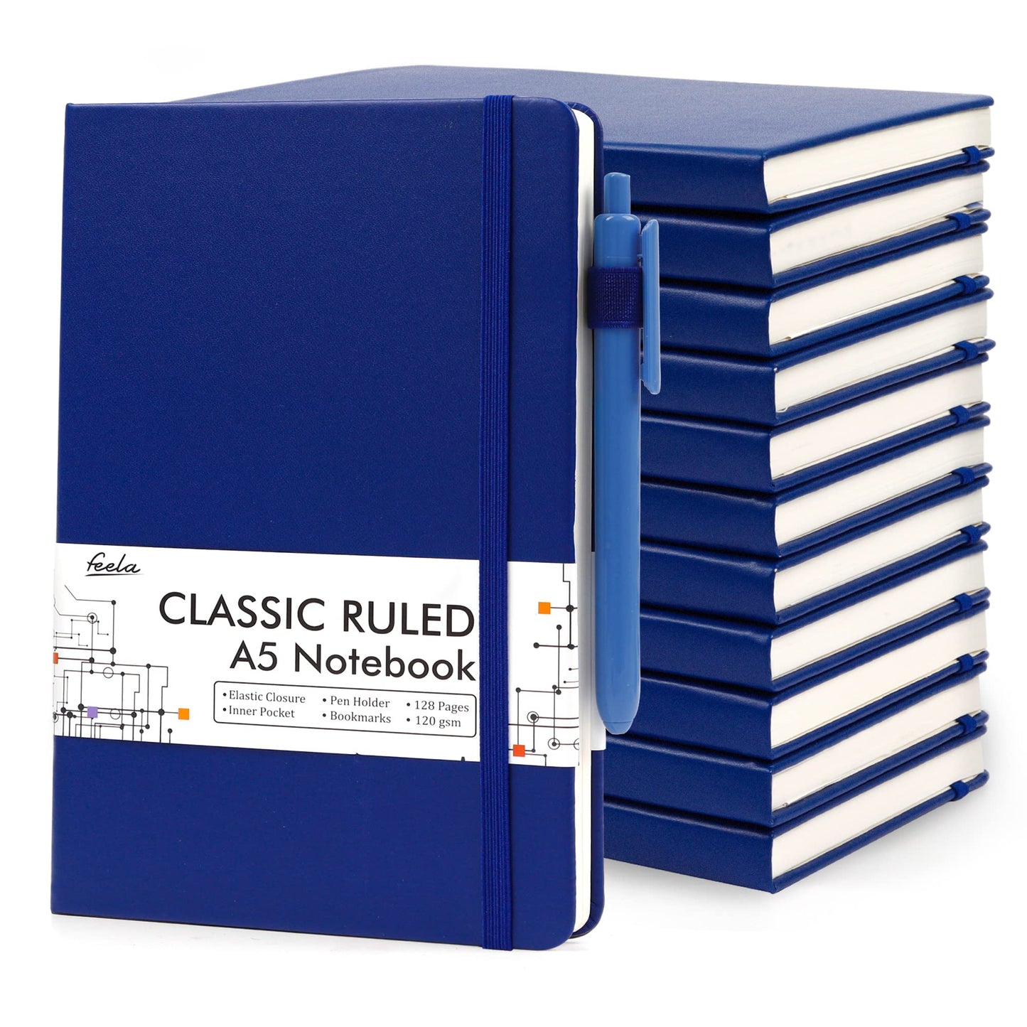 feela 12 Pack Notebooks Journals Bulk with 12 Black Pens, A5 Hardcover Notebook Classic Ruled Journal Set with Pen Holder for School Business Work Travel Writing, 120 GSM, 5.1”x8.3”, Navy