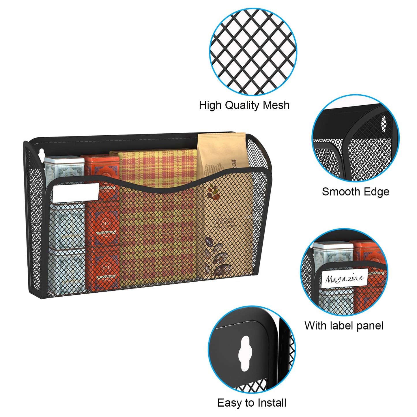 Wall File Organizer, 3 Single Pockets Mesh Hanging File Organizer, Mount Document Magazine Rack with Labels, Hanging File Folders for Office, Home and School, Black