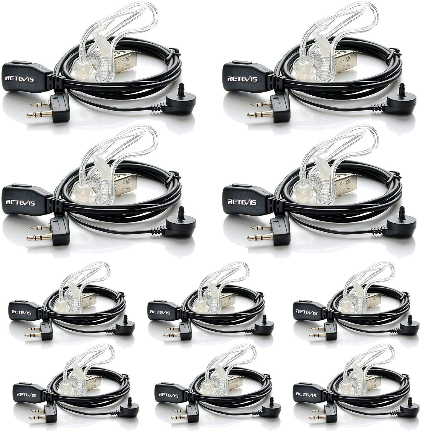 Retevis Walkie Talkie Headset 2 Pin PTT MIC Covert Acoustic Tube Secret Service Earpiece for Kenwood Radio Baofeng UV-5R Retevis RT27 H-777 RT22 Two Way Radios (10 Pack)