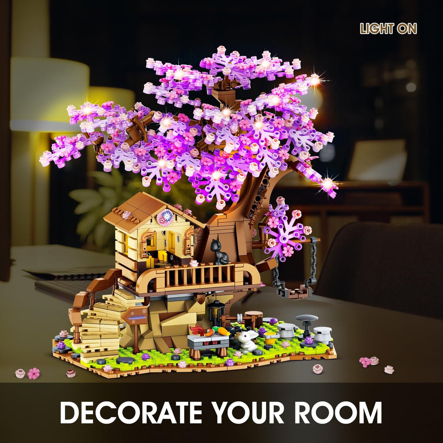 Cherry Blossom Tree House Building Toy, 880pcs Cherry Blossom Bonsai Building Set with LED Light for Girls Aged 6-14, Flowers House Construction Set for Kids 6 7 8 9 10 11 12+