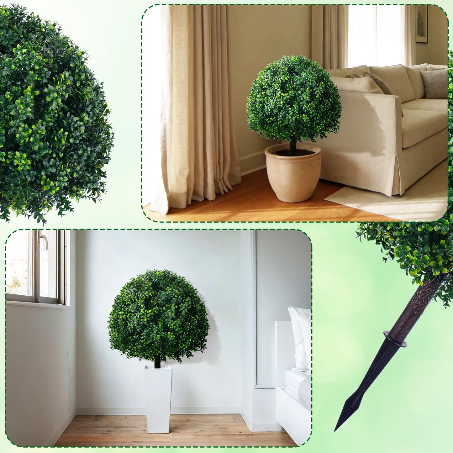 24.8" Outdoor Artificial Topiary Boxwood Tree, Faux Plants Shurbs with Spike, 2 Set Topiary Ball Tree Waterproof UV Resistant Fake Pot Filler Plants for Porch Home Outside Garden Spring Decor