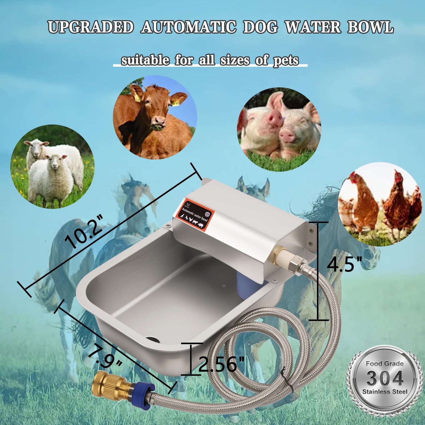 Boajf Automatic Dog Water Bowl, with Drainage System, Stainless Steel Auto Pet Waterer for Outdoor Yard, Includes Drain Valve, Float Valve, Hose Quick Connector, for Small Animal (1 Quart)
