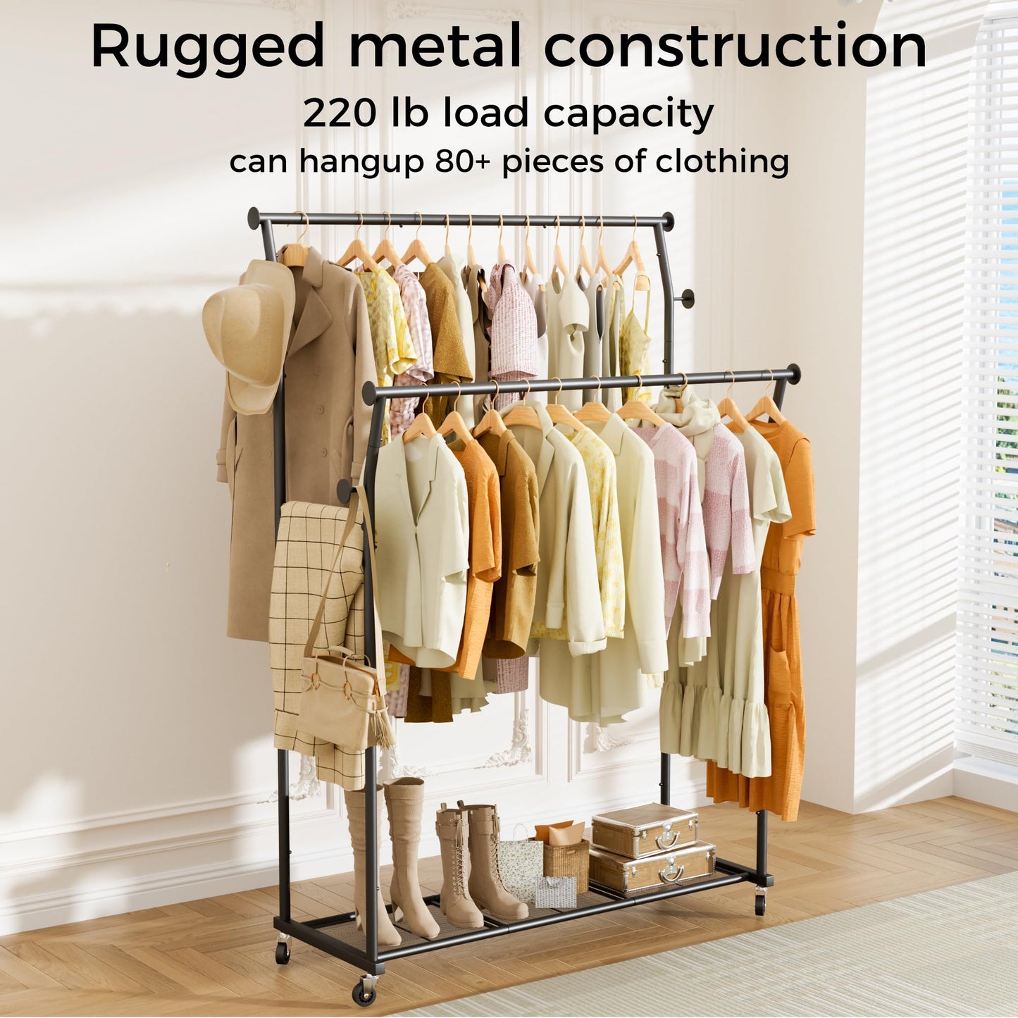 Double Rods Clothes Rack, Rolling Clothing Rack for Hanging Clothes with Hooks&Mesh Shelf, Portable Wardrobe Rack, Metal Coat Rack Sturdy Garment Rack for Bedroom Laundry Living Room Storage, Black