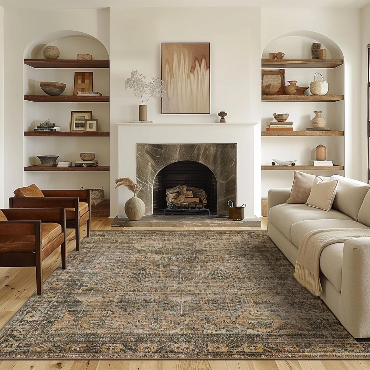 Bavni Area Rug 5x7 Washable Rug for Living Room Bedroom Dining, Washable Vintage Distressed Print Carpet, Ultra-Thin Chenille Low Pile Lightweight Rug with Non Slip Backing, Sepia