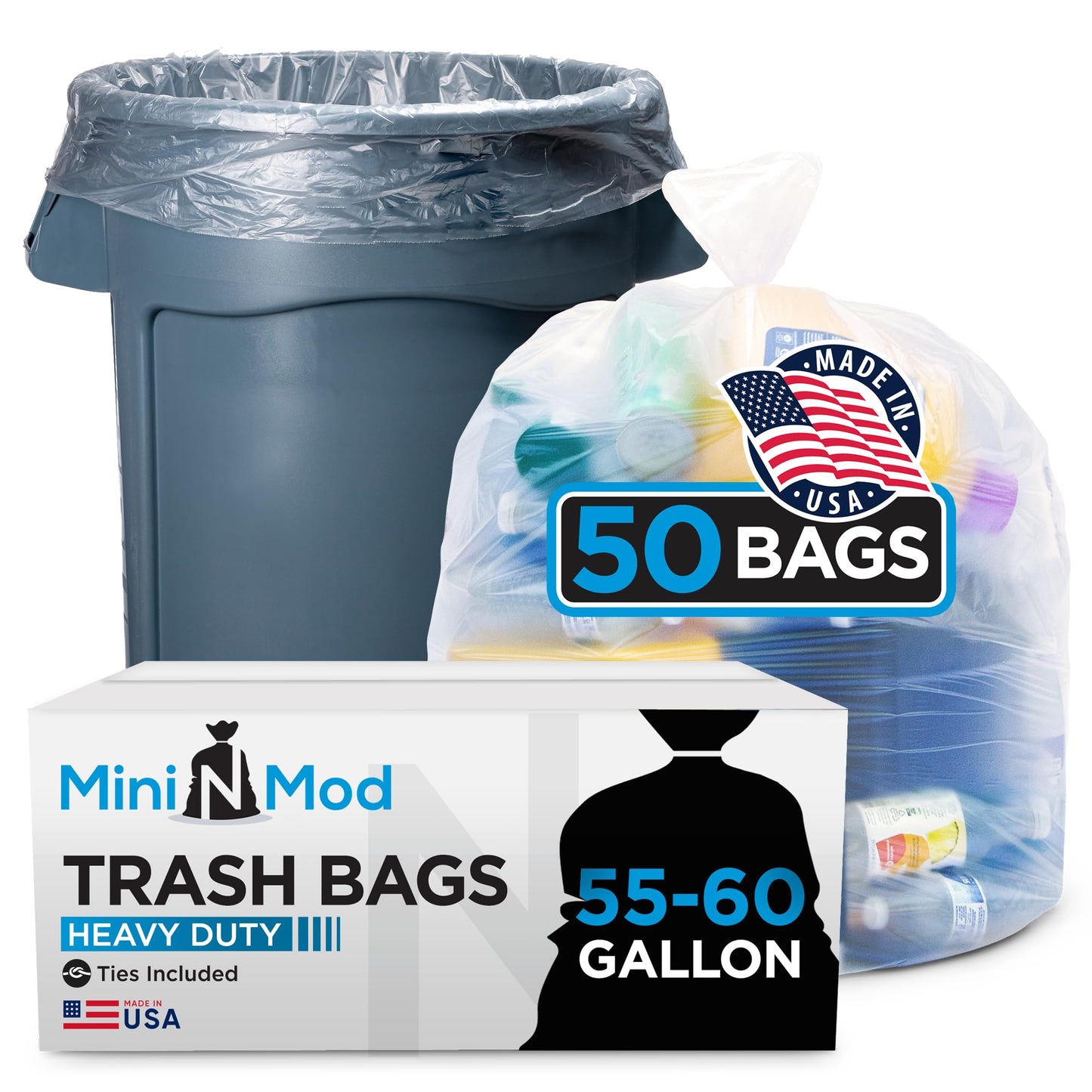 Clear Trash Bags, 55-60 Gallon, 50 Count