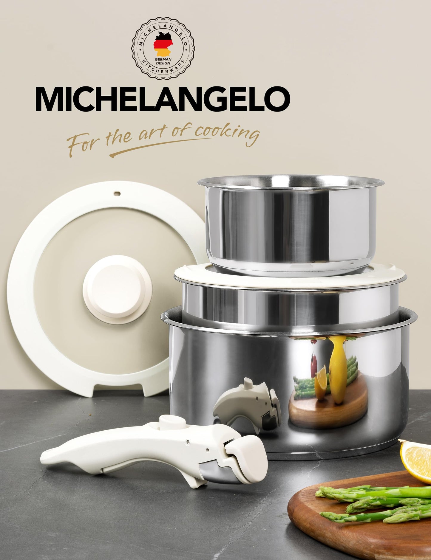 MICHELANGELO 6pcs Stainless Steel Pot Set with Removable Handle, Triply Base Stainless Steel Saucepan with Lids, Detachable Handle Saucepan Set, Induction Compatible - White