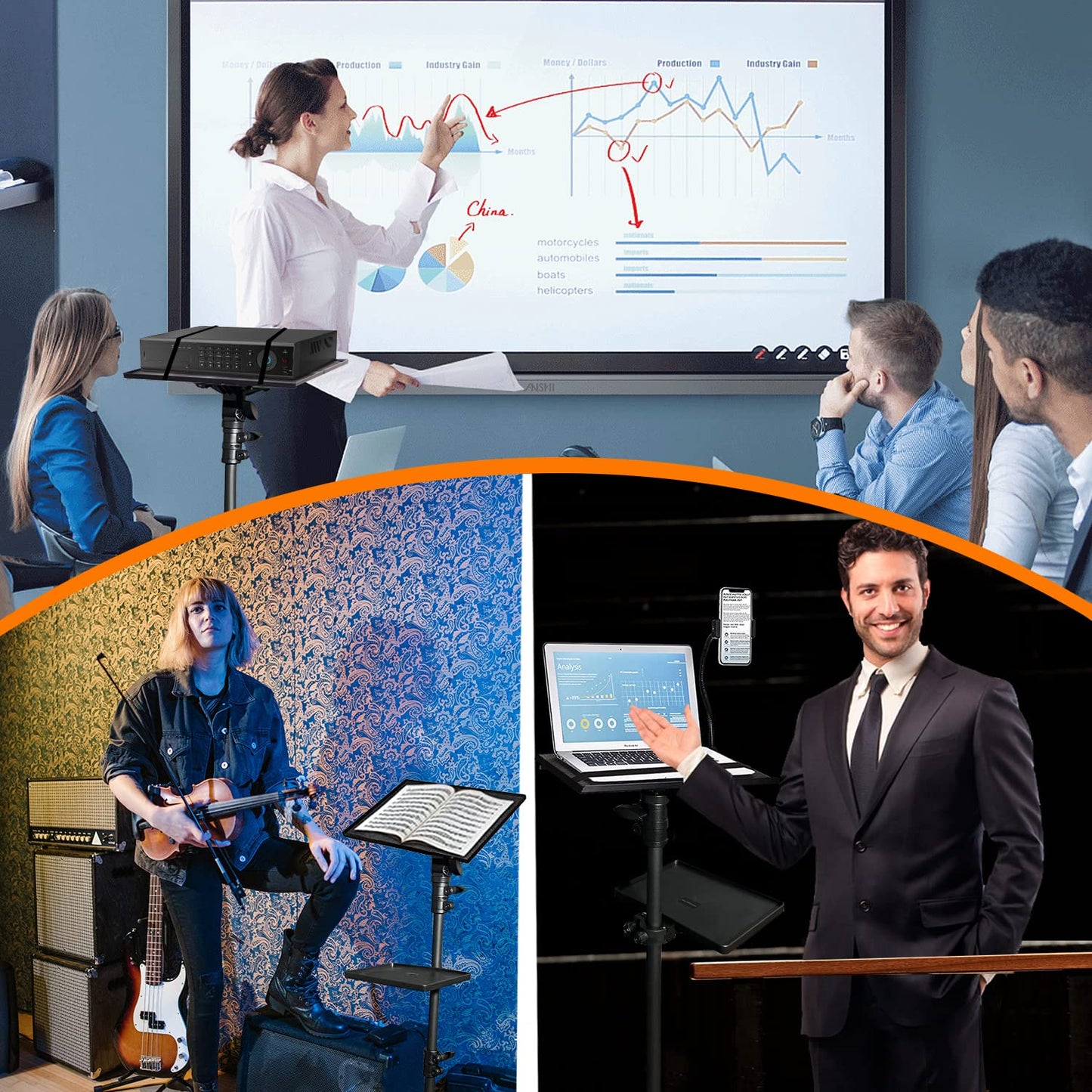 Asltoy Projector Tripod Stand with Wheels Adjustable Height Laptop Tripod Stand Treadmill Laptop Stand with 2 Shelves Mouse Tray Phone Holder Projector Tripod Music Stand Office Home Portable Laptop Floor Stand