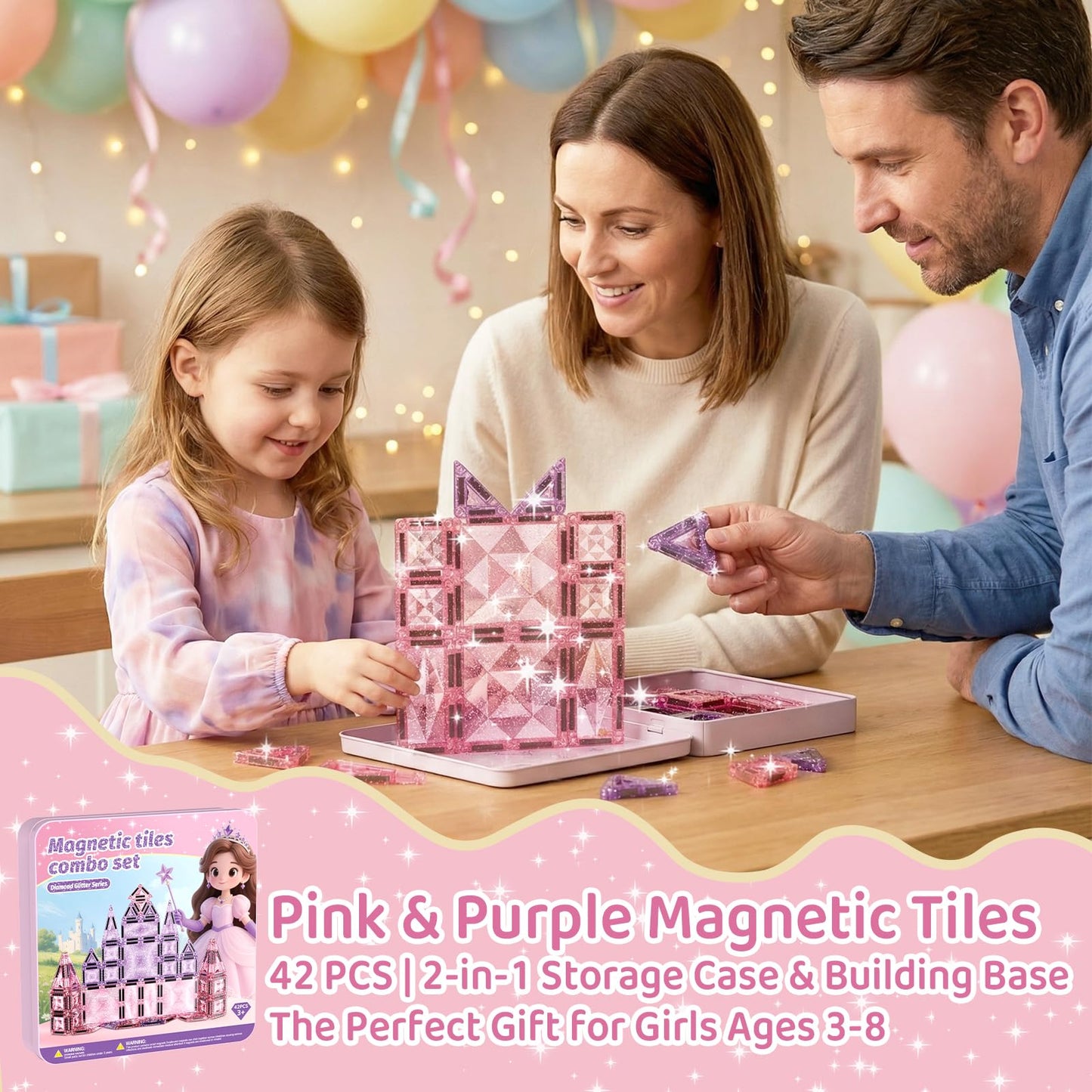 burgkidz Princess Magnetic Tiles for Girls Ages 3-8 – 42PCS Sparkling Pink & Purple Glitter Tiles with Storage Tin, Dual Size Standard Compatible STEM Toys, Travel Friendly Birthday Gift