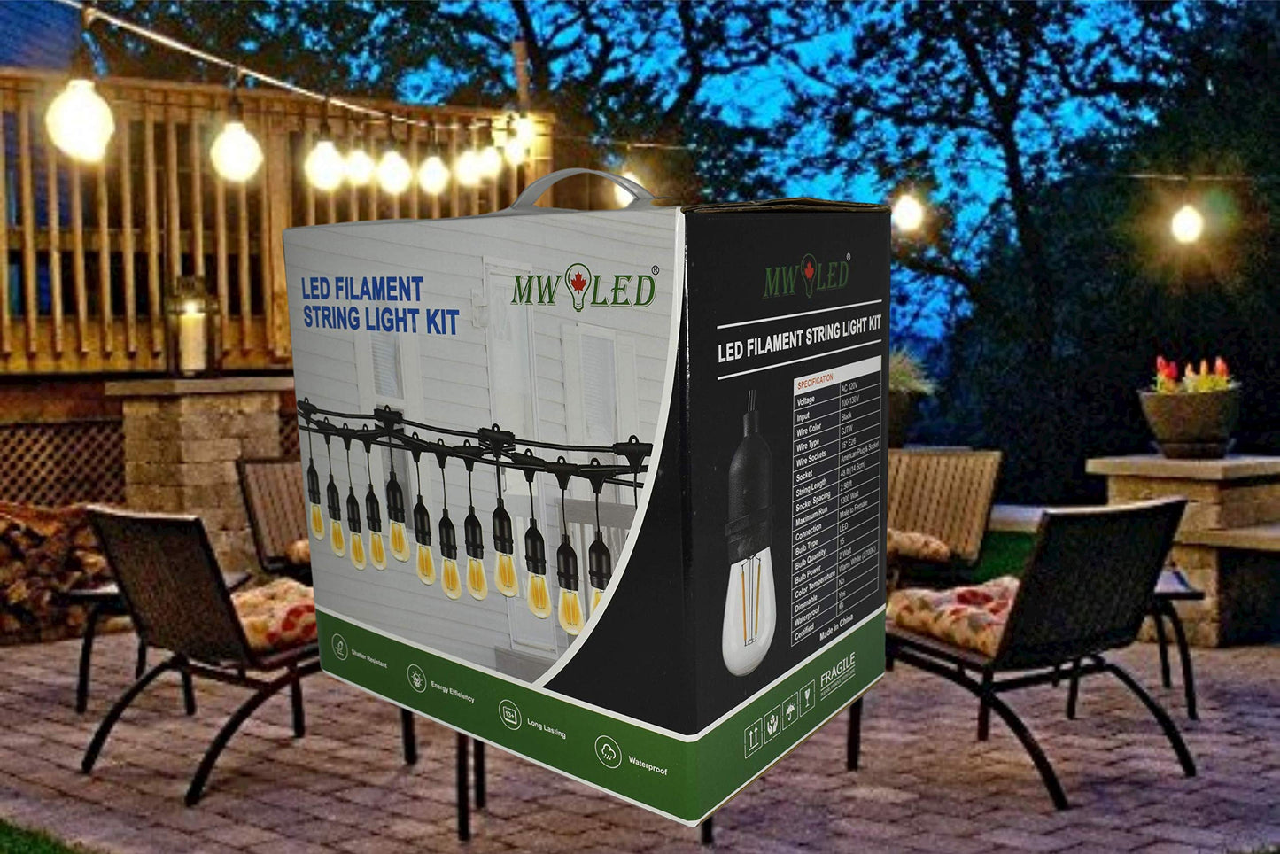 MW LED String Lights Outdoor 48ft with 15 Hanging IP65 Weatherproof Sockets and 2W LED 2700K S14 LED Bulbs (2 Spare), CETL Certification