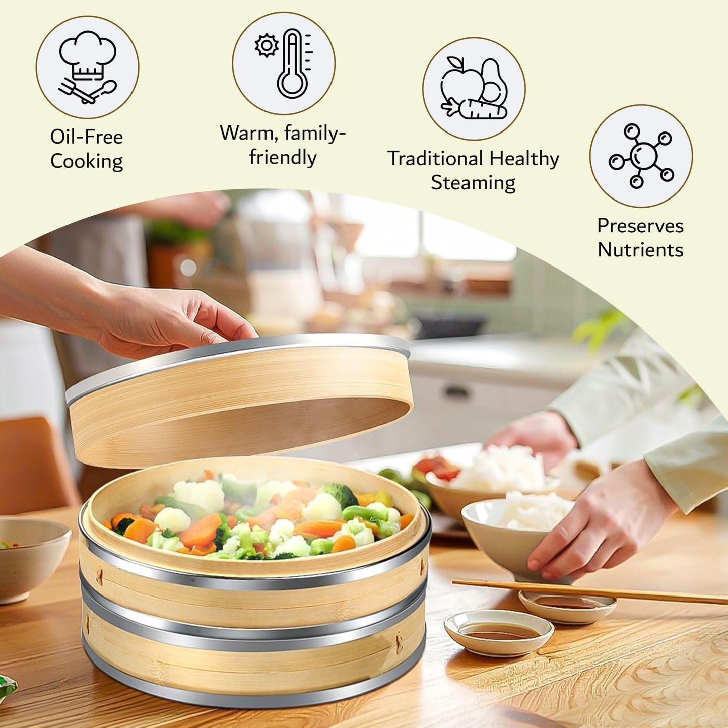 PureNest Living Co. 10 inch Bamboo Steamer Basket, 2-Tier Dumpling Steamer with Stainless Steel Band, Includes 2 Silicone Liners & 2 Pairs Chopsticks, Eco-Friendly Asian Food Steaming.