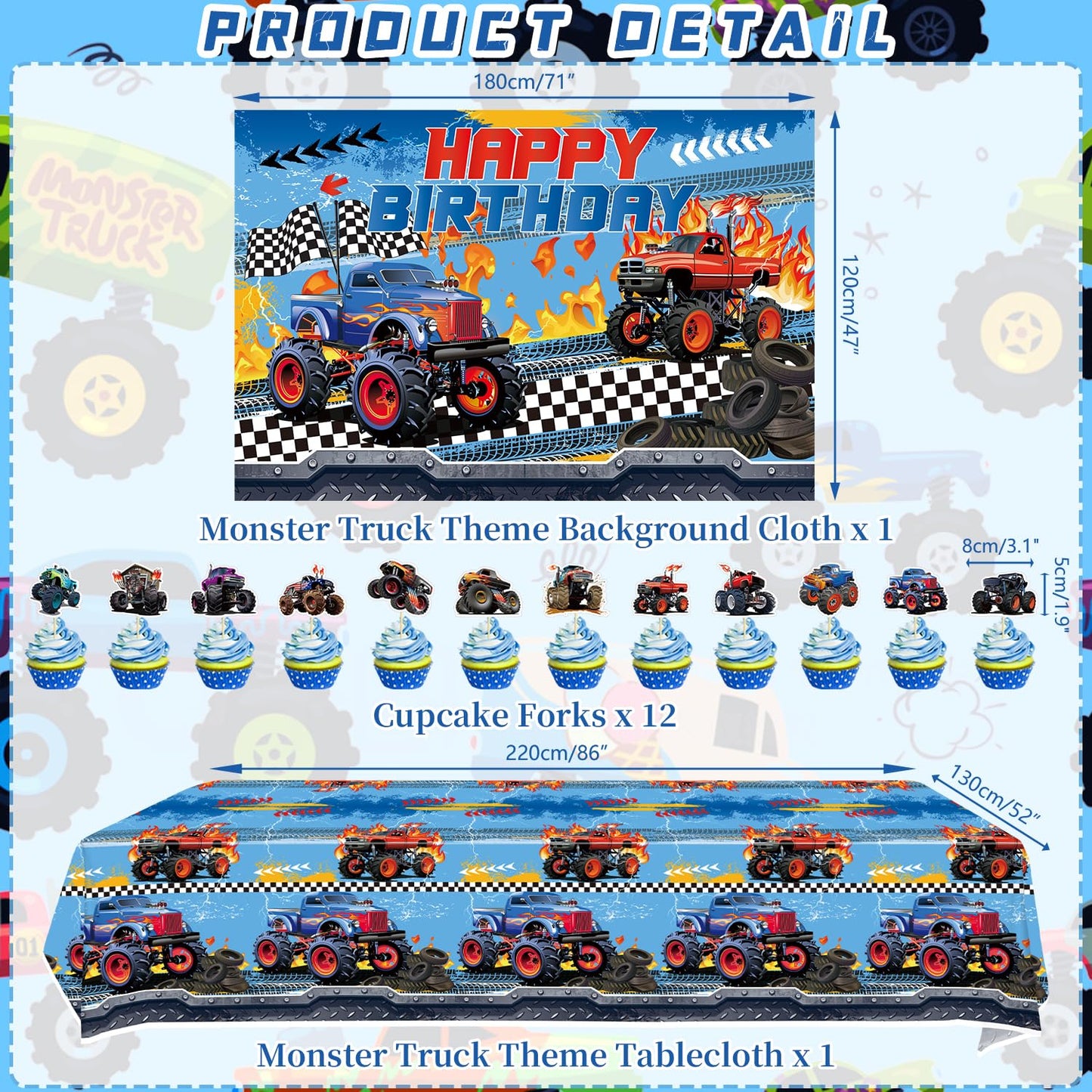 KEFAN Monster Truck Birthday Party Decorations, Monster Truck Birthday Party Supplies including Backdrop, Plates, Cups, Napkins, Tablecloth, Balloons for Boys Birthday Party (Background)