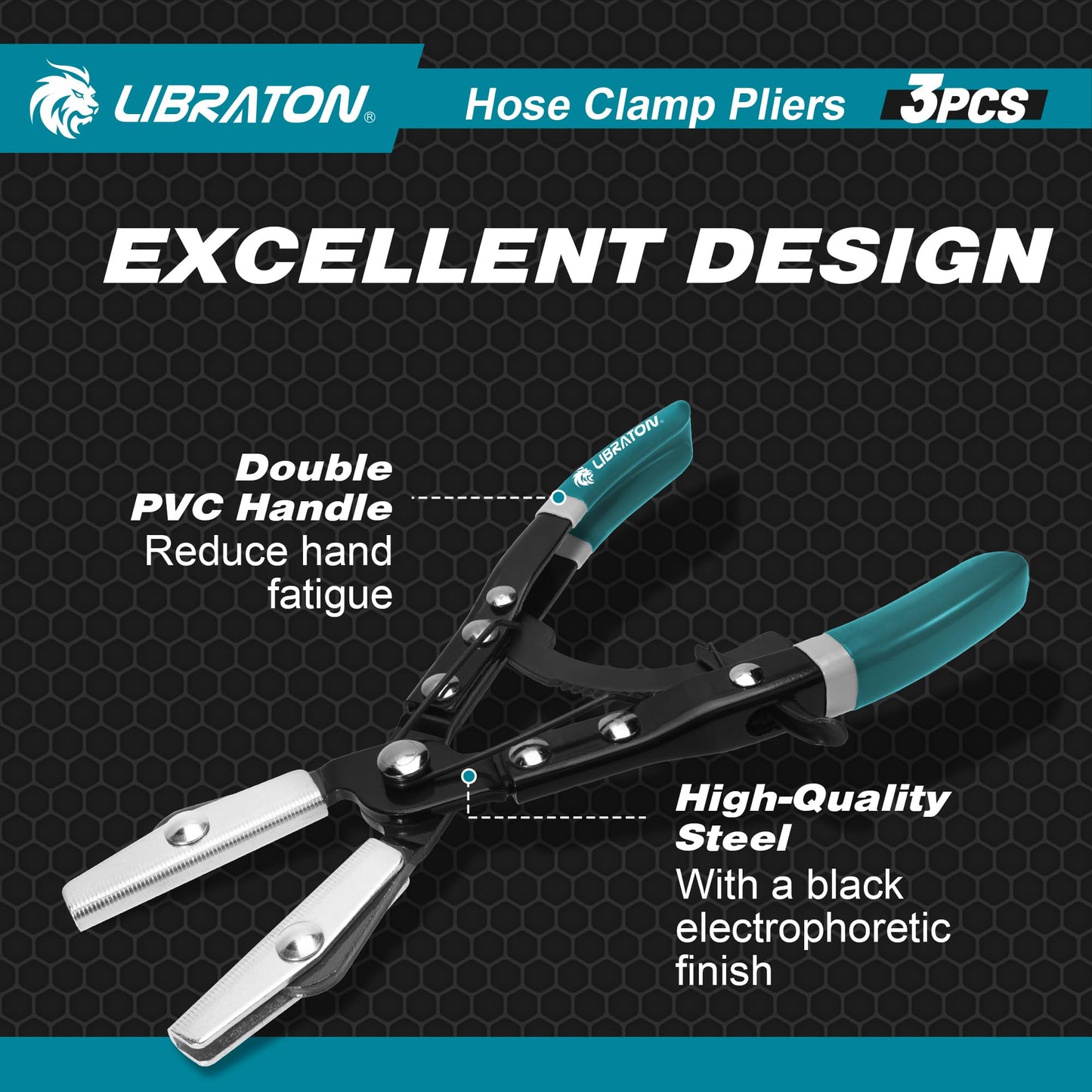 LIBRATON 3PCS Ratchet Hose Pliers Set, Automotive Pinch Pliers, Clamp Tool for Fuel, Flexible, Radiator Hoses - 8" 10" 12" With Storage Bag