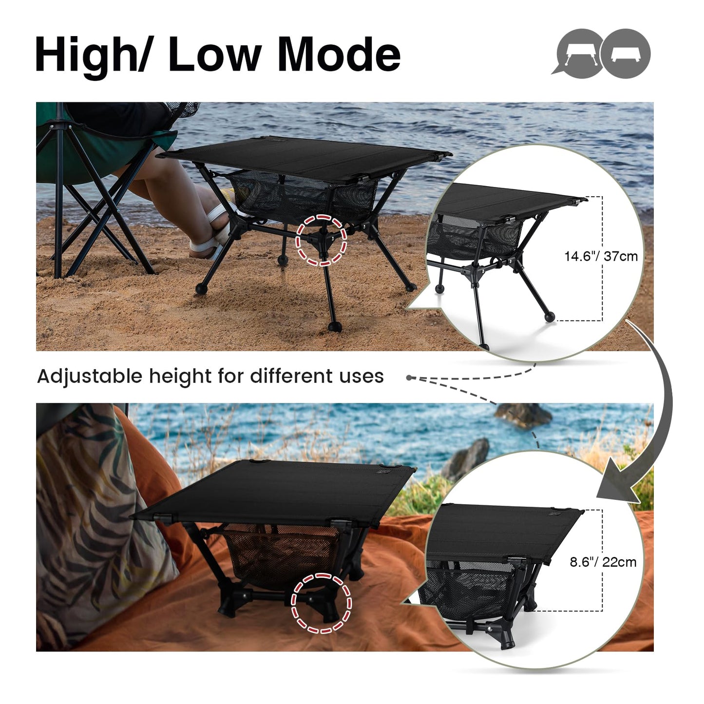 ONETIGRIS Dipper Camping Table, Lightweight Portable Folding Table with Mesh Storage Net, High/Low Options, Ideal for Camping, Hiking, Tailgating, Beach, Picnic, Travel, Backyard