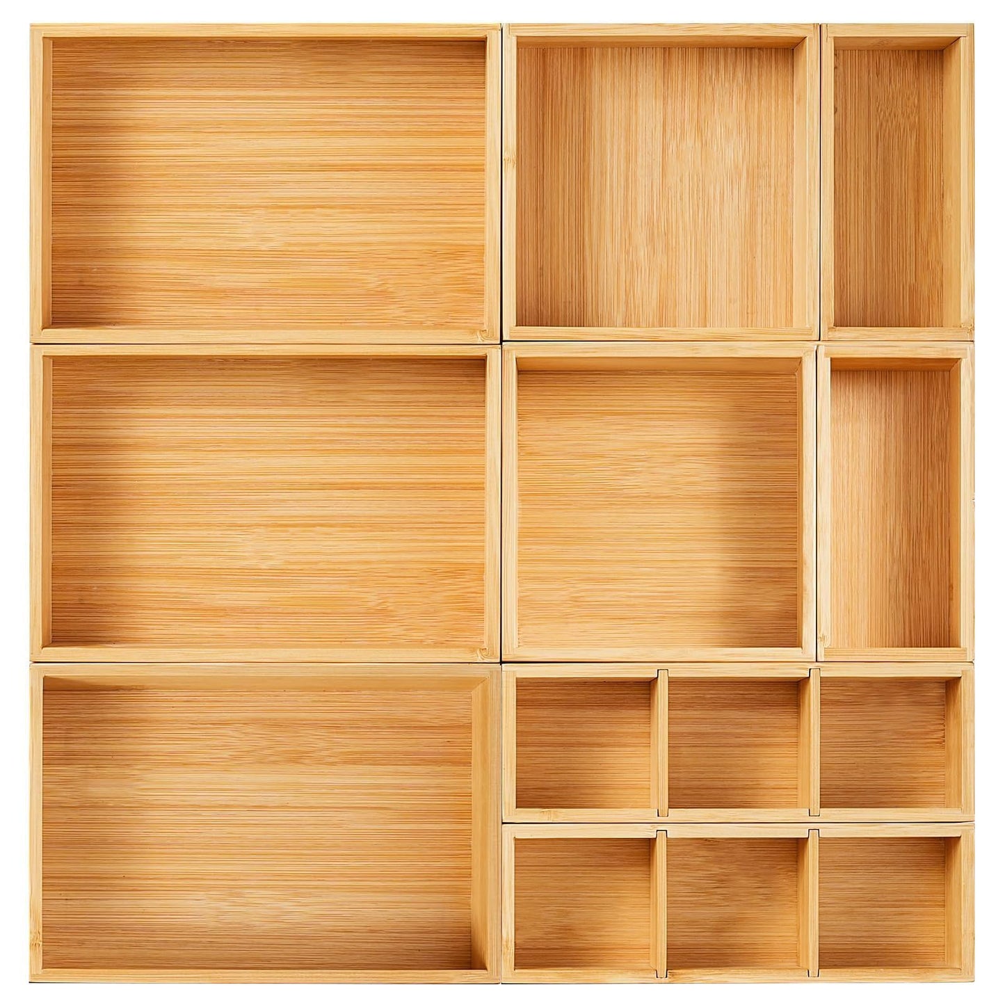 Drawer Organizer, Set of 9 Bamboo Wood Kitchen Makeup Desk Junk Tea Drawer Storage Boxes Bins for Cutlery Silverware Utensils Flatware, Small Wooden Container Tray for Bathroom, Office
