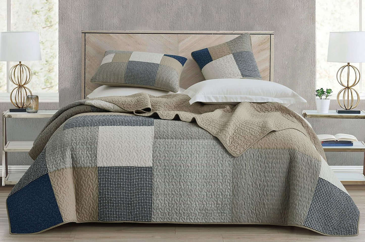Chezmoi Collection Addy 3-Piece Navy Blue White Gray Taupe Plaid Patchwork Quilt Set - Pre-Washed Cotton Coverlet - Lightweight Reversible Bedspread, Queen Size