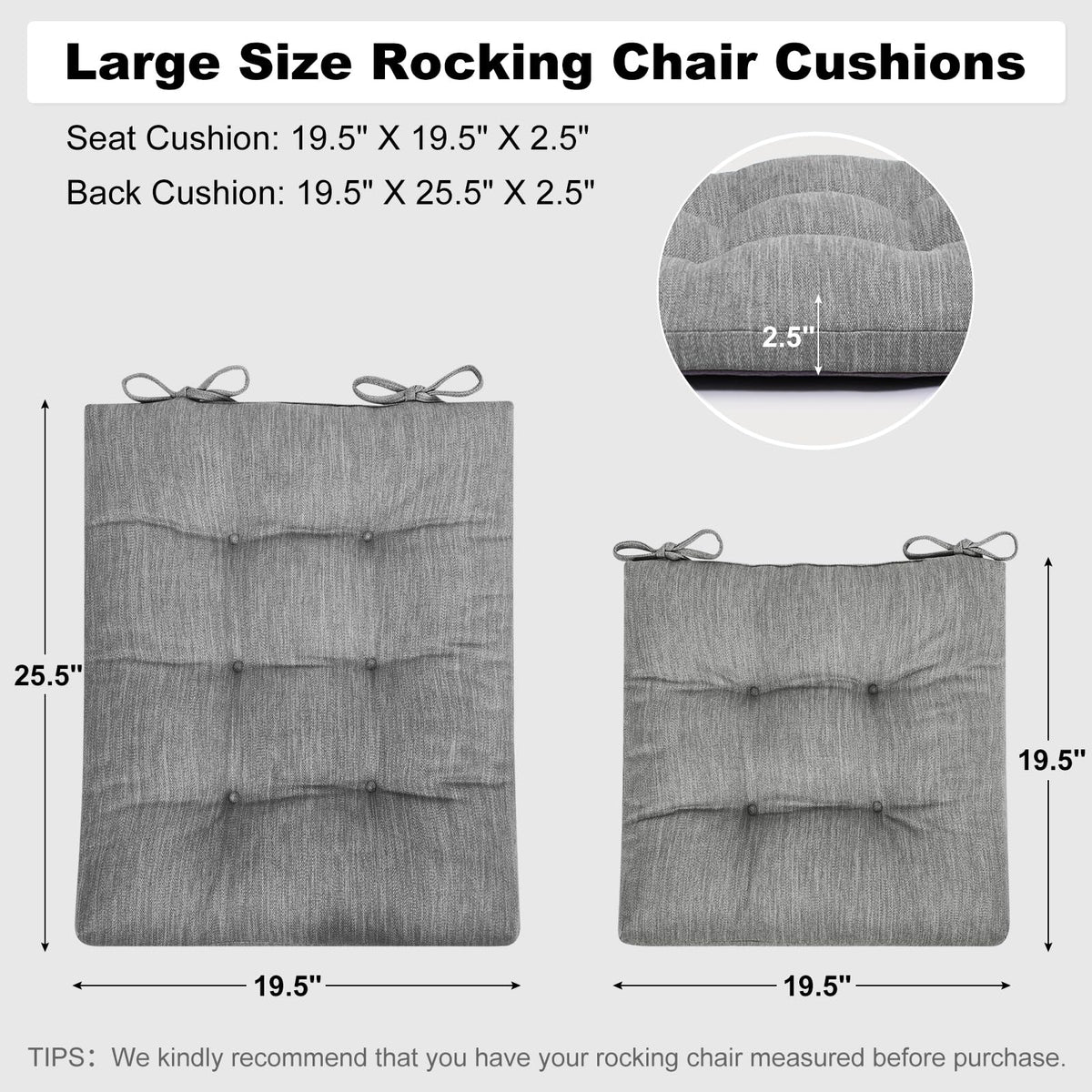 HAVARGO Large Rocking Chair Cushion Dual-Layer Memory Foam and High-Density Foam Support Tufted Non-Slip Rocking Chair Cushions for Indoor (Gray, 1 Set)