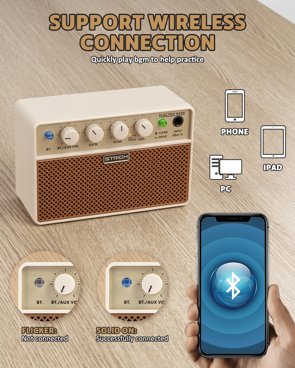 STRICH 2 x 5 W Mini Bass Amp - Portable, Rechargeable Bass Practice Amplifier with Clean & Drive Channels, 1/8 Headphone Output for Beginner, Brown