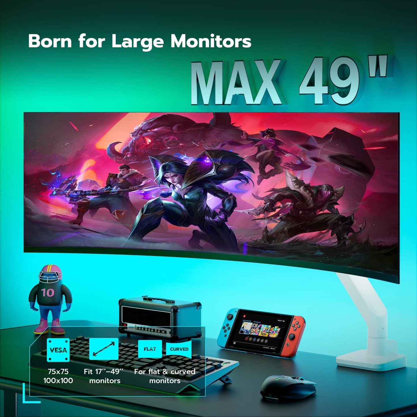 ARES WING Ultrawide Monitor Arm for 17 to 49 Inch Heavy Duty Curved Screen, Holds 44 Lbs, Adjustable Gas Spring Monitor Arm Desk Mount with C Clamp, Grommet Base, 75/100 Vesa Mount, White