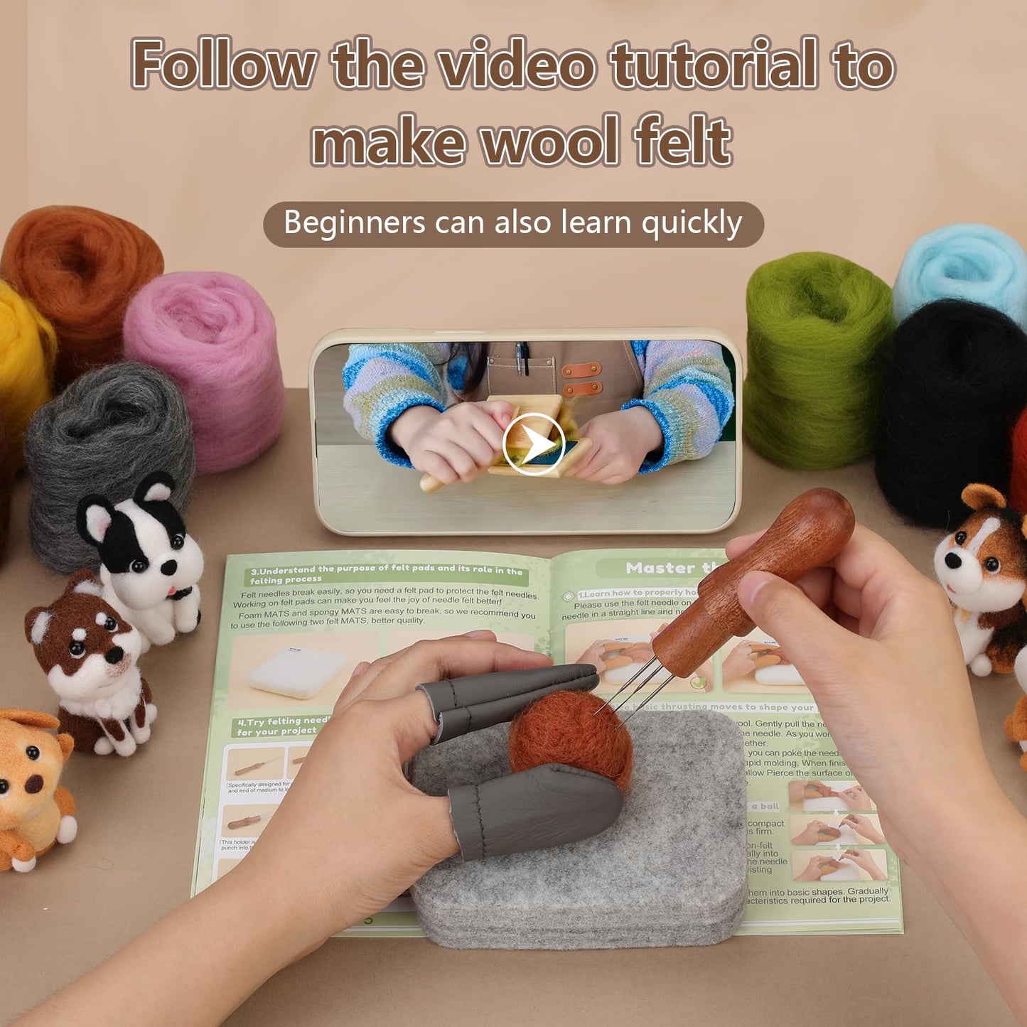 24 Colors Needle Felting Kit, Wool Roving with Felting Needles Kits for Beginners, Needle Felting Starter Kit with Mat Tools Supplies with Storage Bag for Diy Crafting