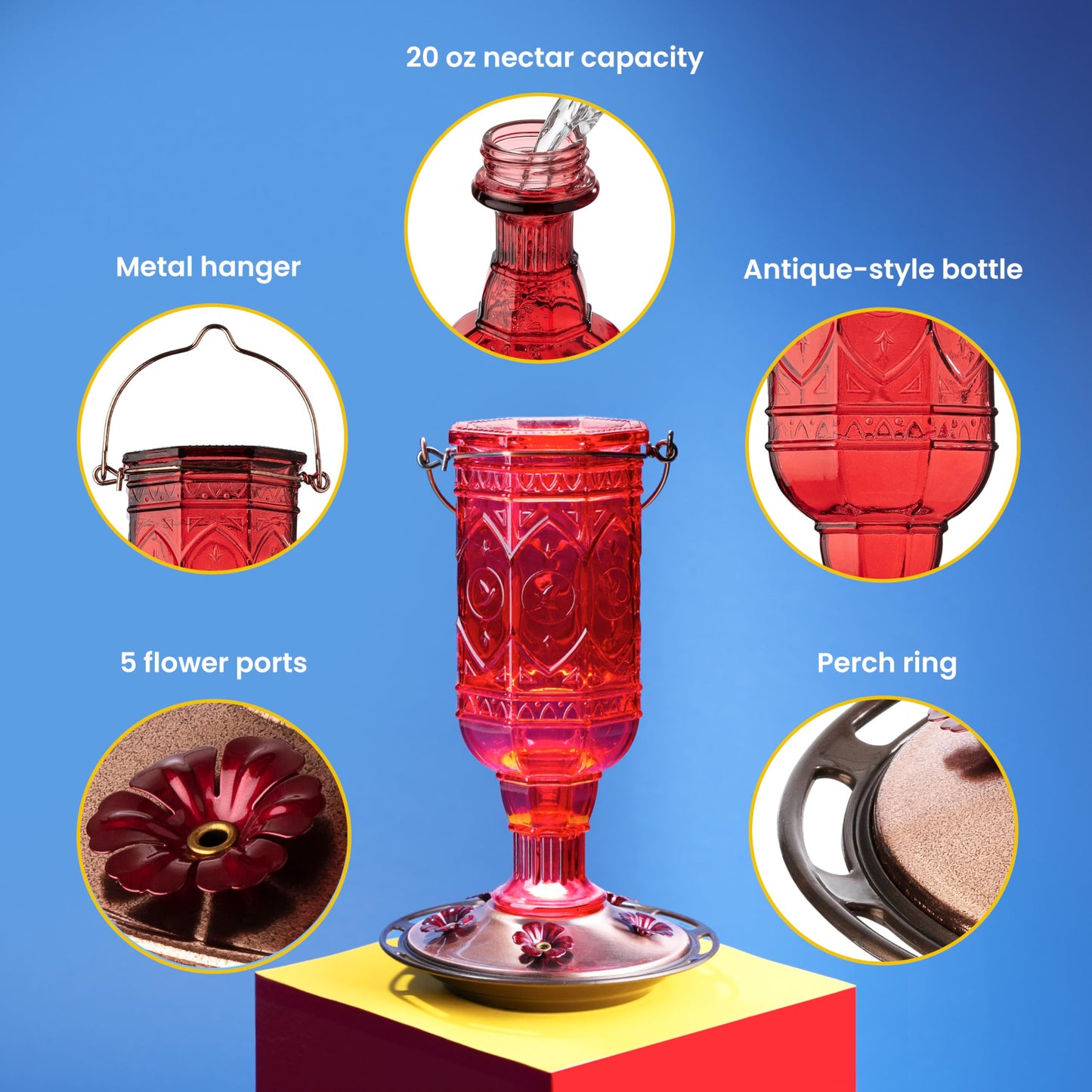 More Birds 76IN Jewel Glass Hummingbird Feeder, Red - 20 oz