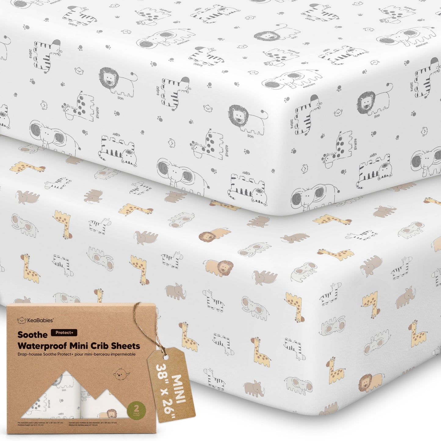 2-Pack Pack and Play Sheets, Waterproof Mini Crib Sheets Fitted - Organic Cotton Pack N Play Sheets for Graco Pack and Play Mattress, Playard Baby Crib Sheets, Neutral for Boy,Girl,Toddler (KeaSafari)
