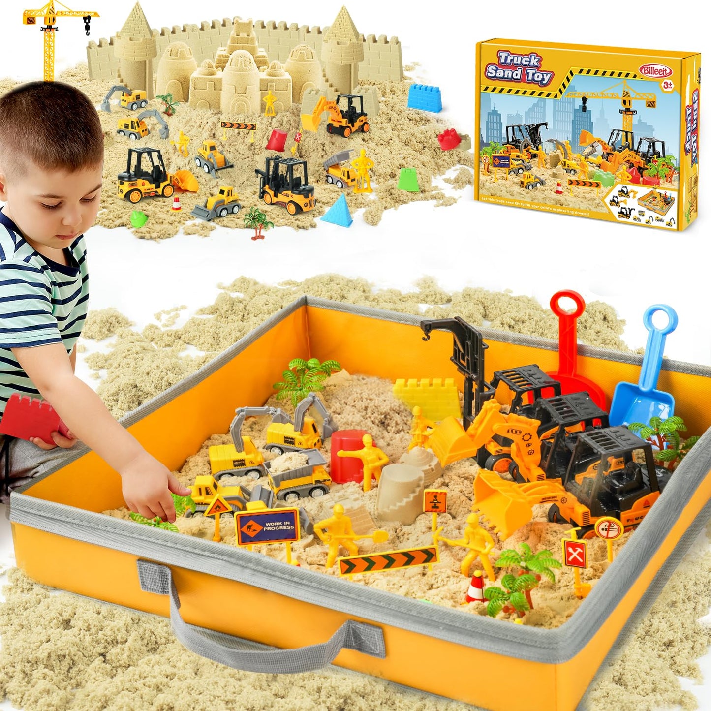 Billeeit Sand Construction Kit with A Big Foldable Sandbox and 2.2lbs Magic Sand, Truck Sand Construction Toys Including Castle Molds and Other Accessories 36Pcs Total, Play Sand Art Set for Kids 3+
