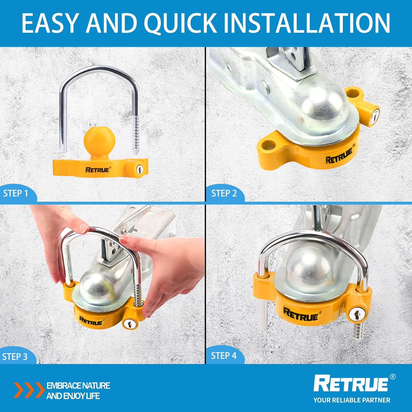 RETRUE Universal Coupler Lock Trailer Locks Ball Hitch Trailer Hitch Lock Adjustable Security Heavy-Duty Steel Fits 1-7/8 Inch, 2 Inch, 2-5/16 Inch Couplers, Yellow (Pack of 2)