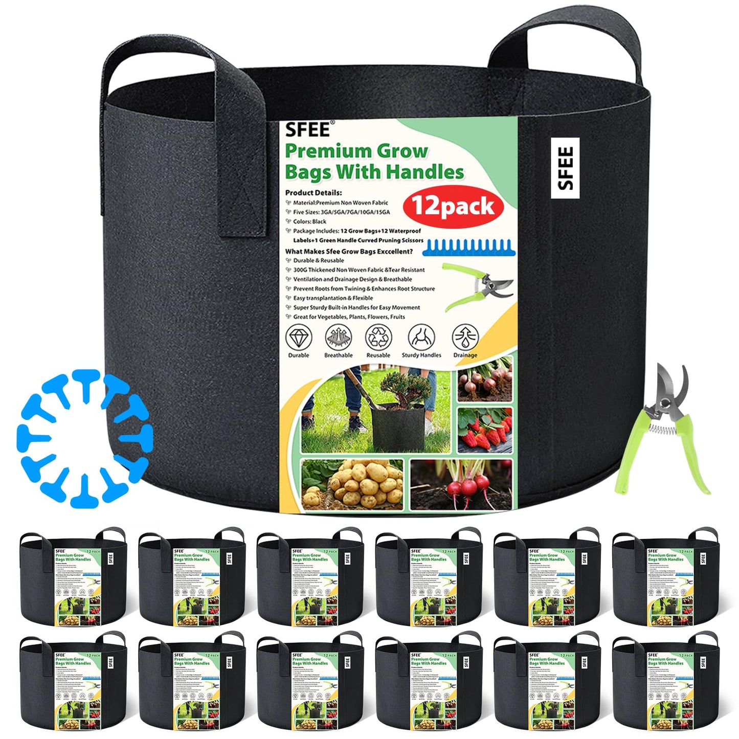 Sfee Grow Bags 12 Pack 7 Gallon Potato Grow Bags, 300G Thickened Nonwoven Fabric Pots with Durable Handles Garden Bags for Vegetable Plants Flower Garlic Fruits+12 Plant Labels+1 Pruning Scissors