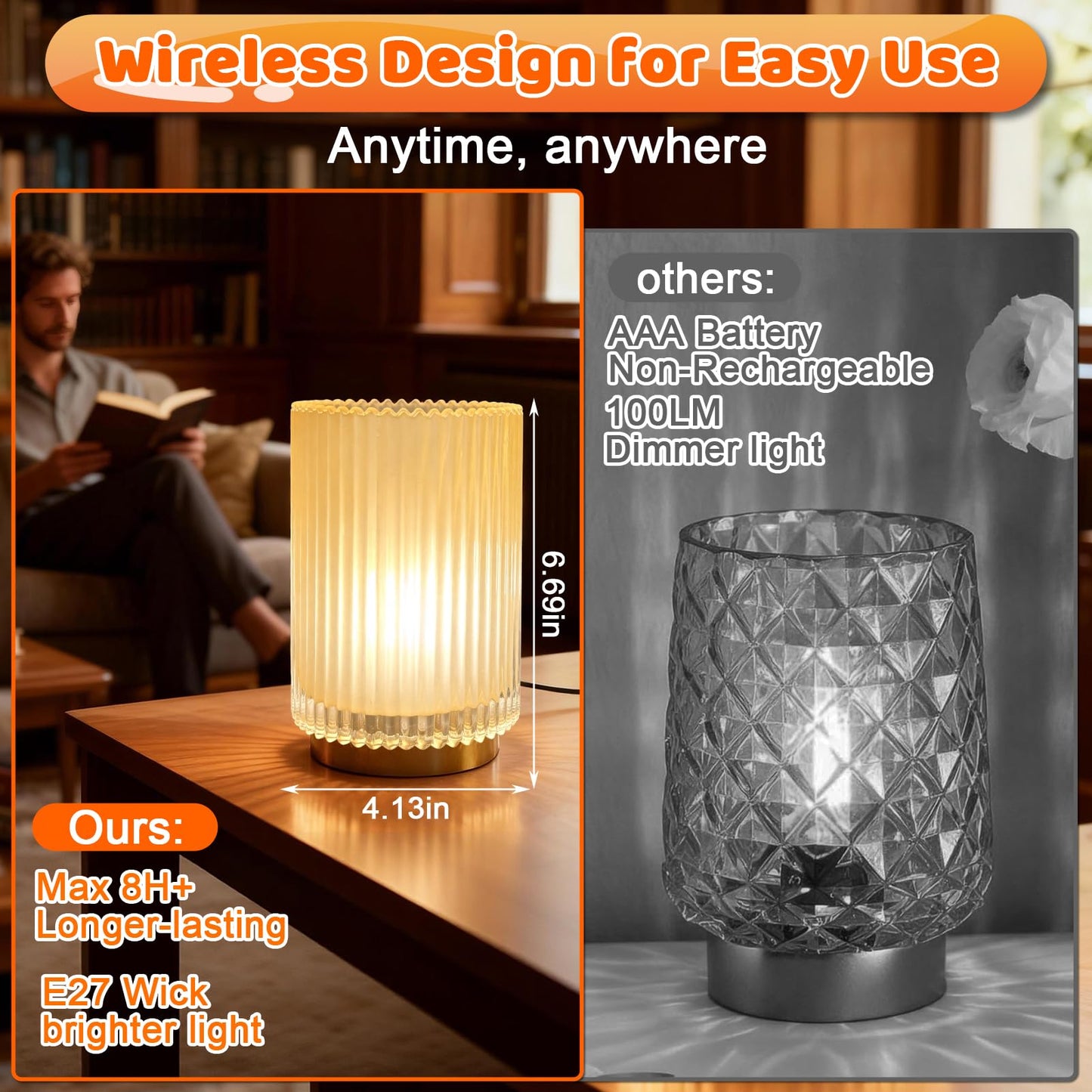 AGJIQ Table Lamp, Wireless Bedside Lamp with Glass Shade E27 Bulb, Decorative Ambiance Bedside Lamp Suitable for Bathroom,Rechargeable Romantic Atmosphere Light with LED Bulb（Matte Amber）