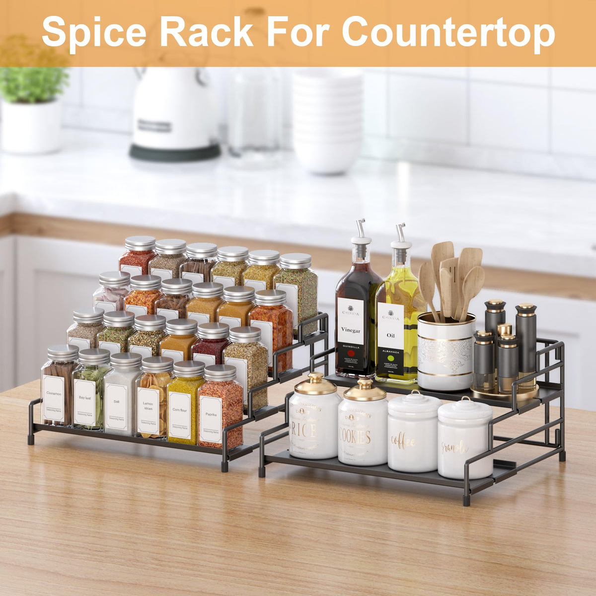 RUILALIFE 4-Tier-Spice-Rack-Organizer-for-Cabinet, Adjustable Depth Spice Holder Shelf For Countertop Pantry Cupboard, Metal Tiered Seasoning Organizer,Display Shelf Riser