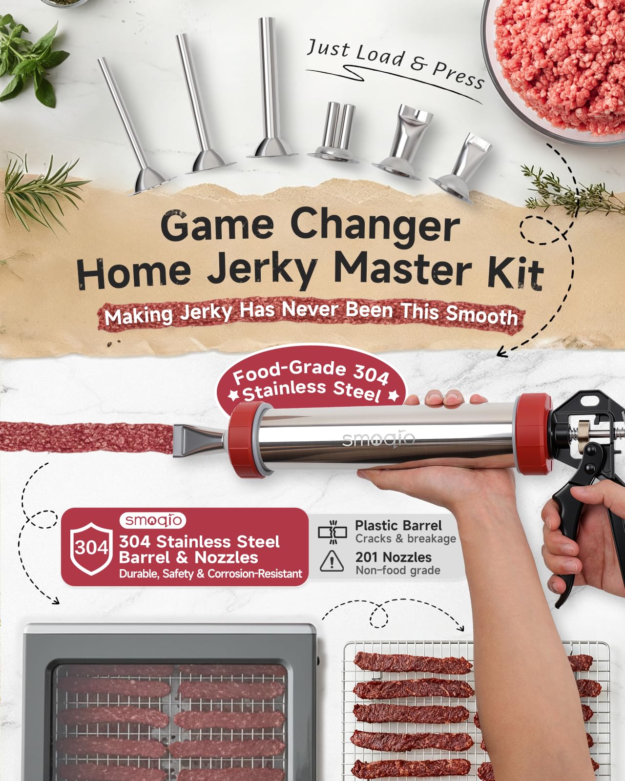 SMOQIO 2LB Jerky Gun, 304 Stainless Steel Beef Jerky Gun Kit, Sausage Stuffer with 6 Versatile Nozzles, Suitable for 19mm Snack Stick, with 4 Cleaning Brushes and 1 Meat Stomper