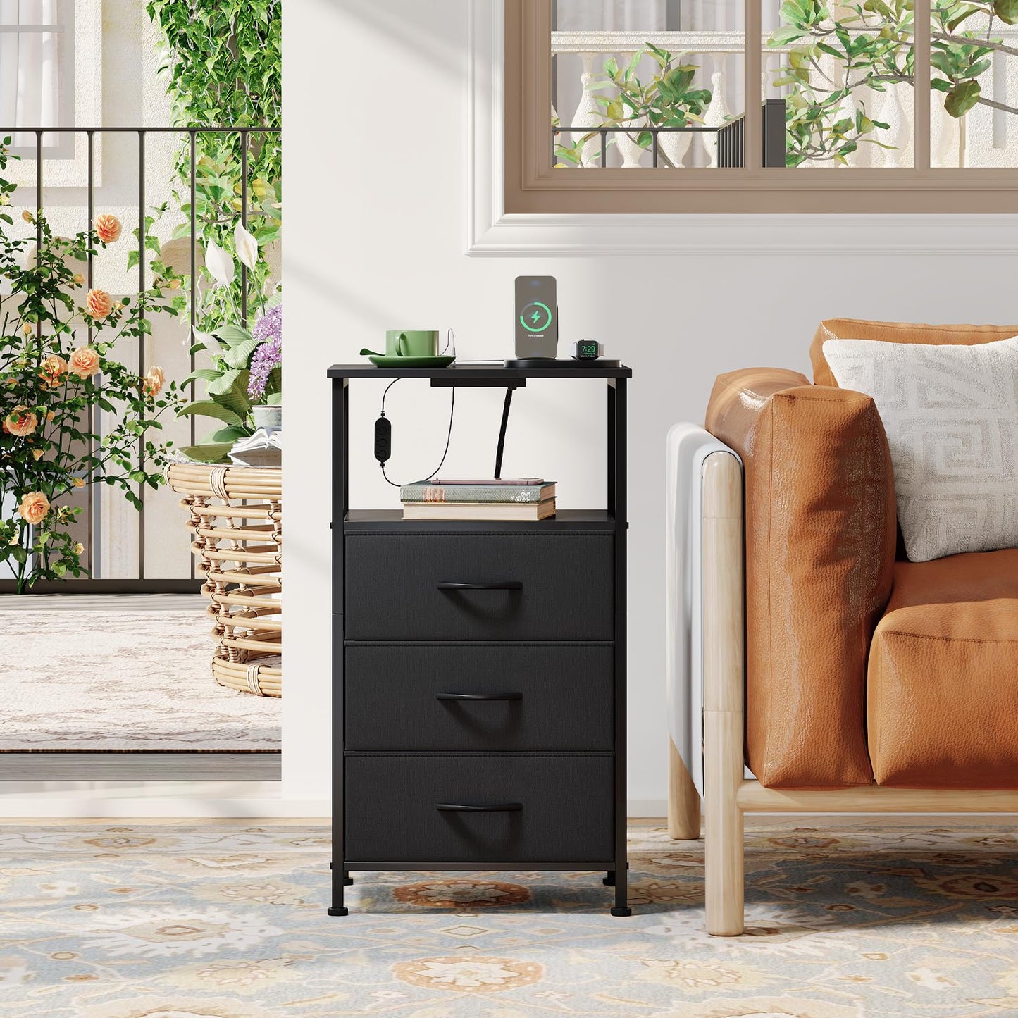 Somdot Nightstand with Charging Station and LED Light for Bedroom, Tall 3 Drawers Dresser with Fabric Bins for Bedside Dorm Kids Closet Laundry Entryway, Black