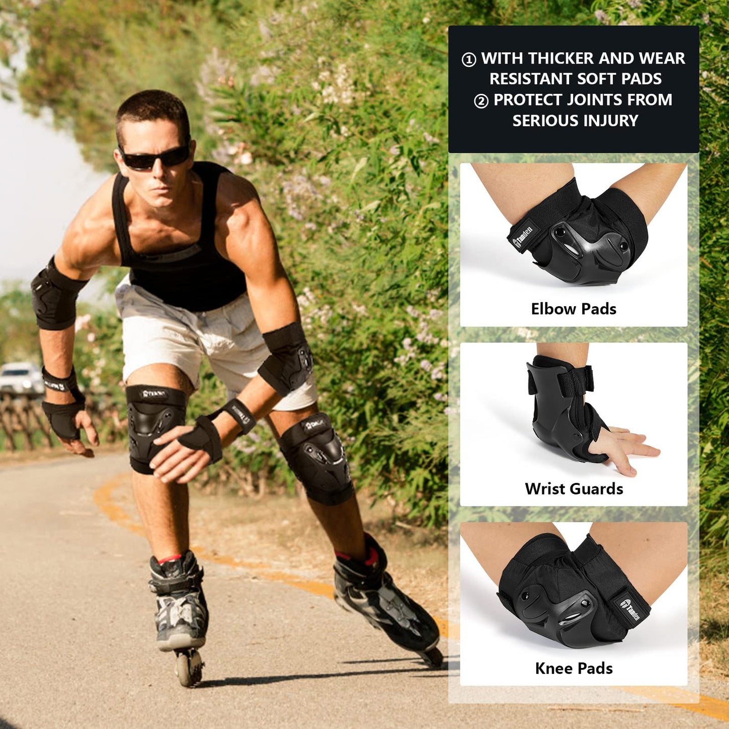 Tanden Skating Protective Gear Elbow and Knee Pads Adult, Knee Pads for Men Women Elbow Pads Wrist Guards for Roller Skating Cycling Skateboarding Black