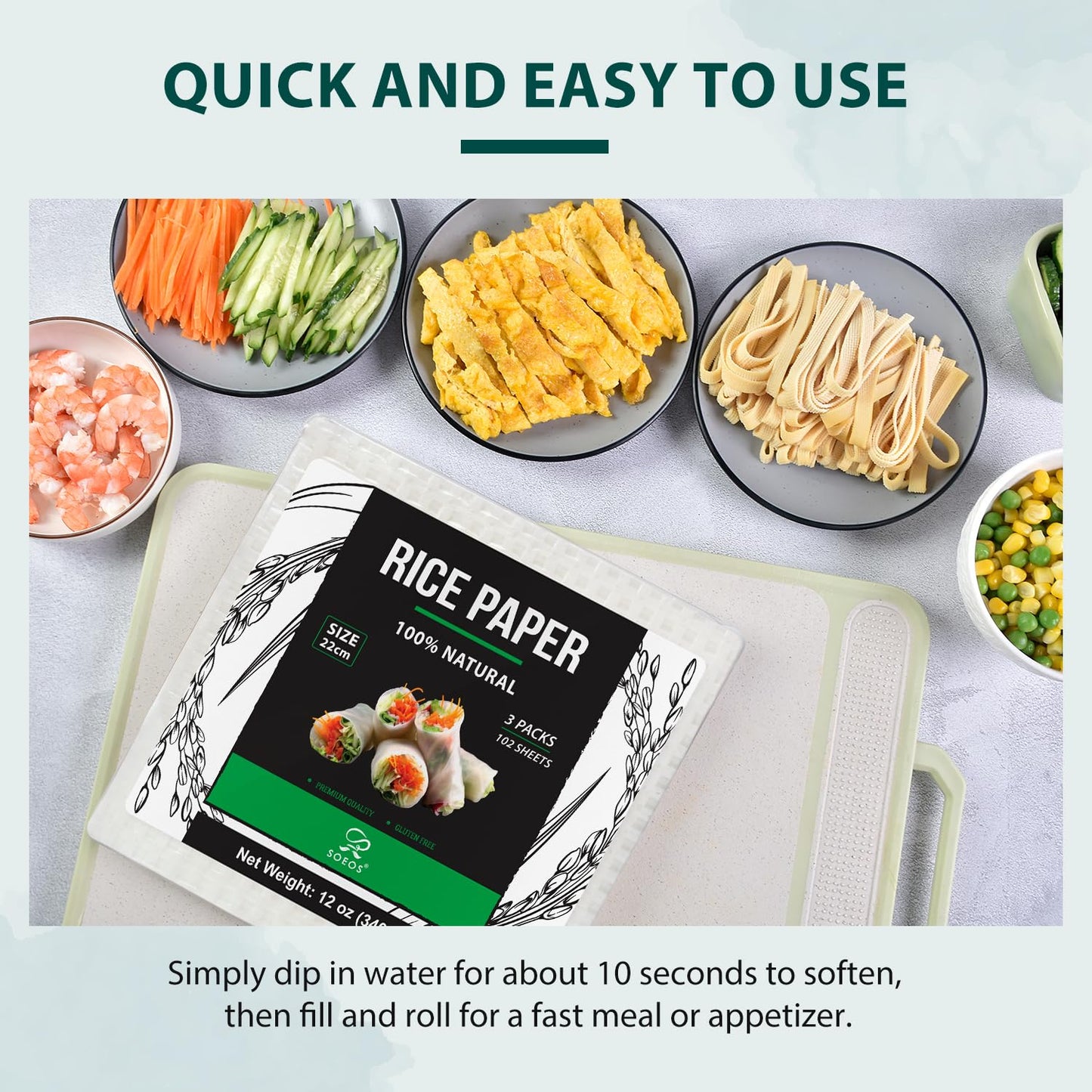 Soeos Rice Paper, White Rice Paper Wrappers, 3 Pack, 102 Sheets-Fresh Spring Roll Wrappers & Dumplings, Non-GMO, Gluten-Free, Low Carb, Vietnamese Rice Wraps (Square, 22cm)