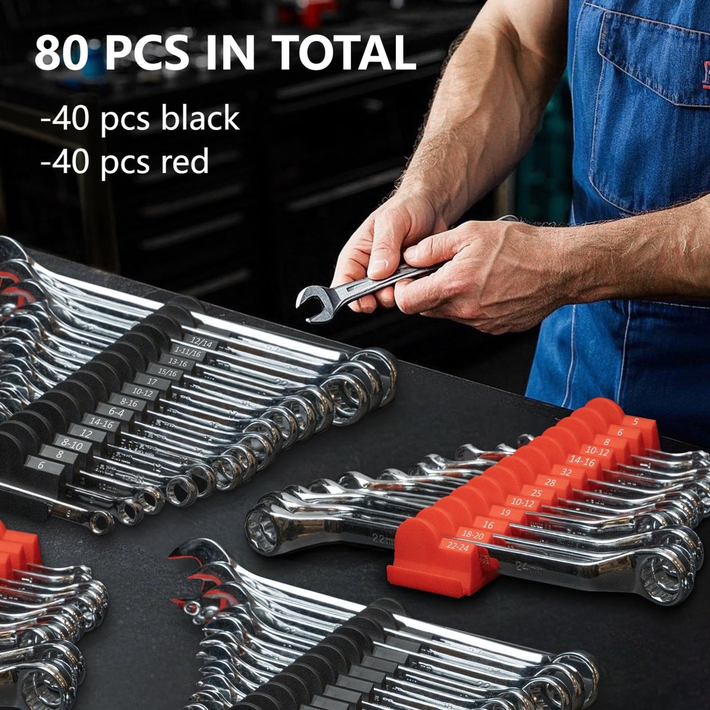 80 pcs Modular Wrench Organizers for Tool Drawers - Wrench Rack with Metric & SAE Labels, Perfect Tool Storage Holder. Gift for Father, Brother and Boyfriend (Without Magnet)