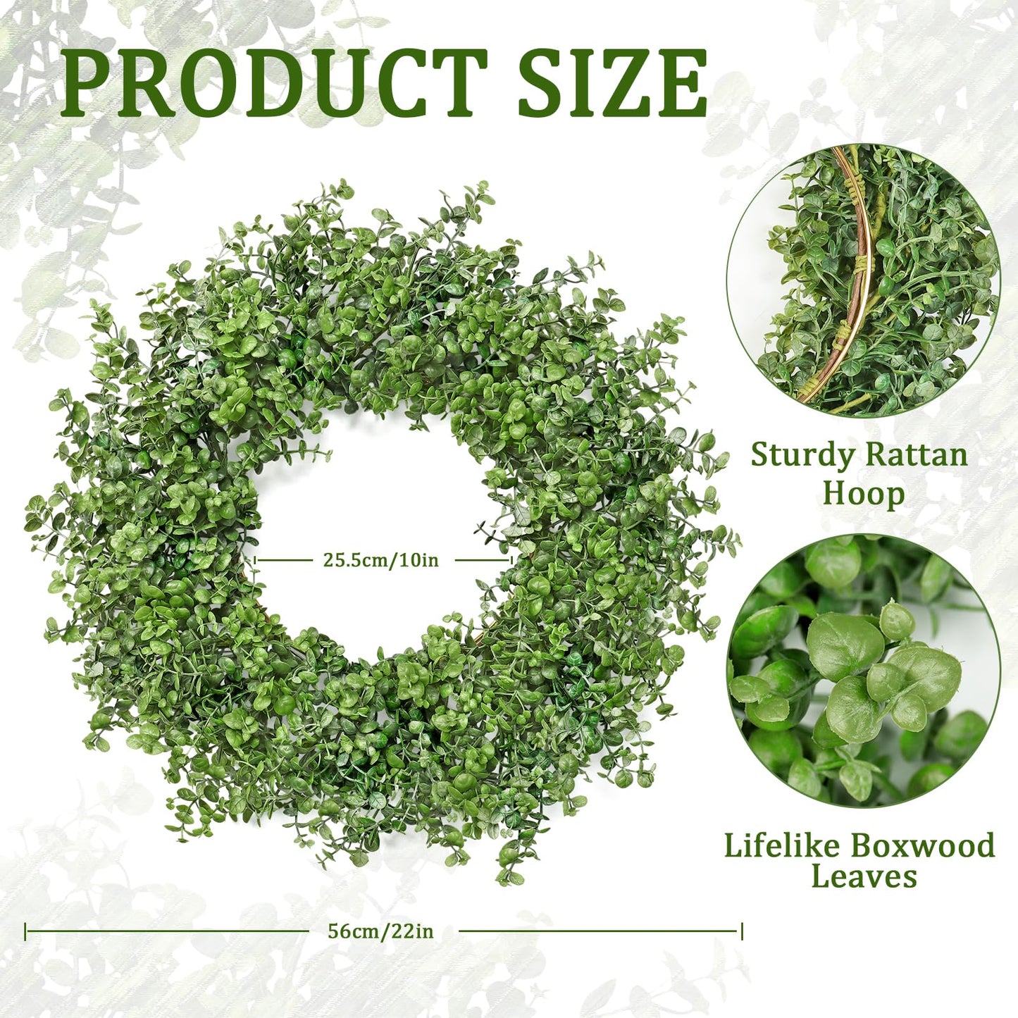 Dremisland Boxwood Wreaths for Front Door, 22 Inch Spring Wreath with Green Eucalyptus Boxwood Leaves Greenery Wreaths for Farmhouse Wall Hanging Window Indoor Outdoor Spring Summer All Seasons